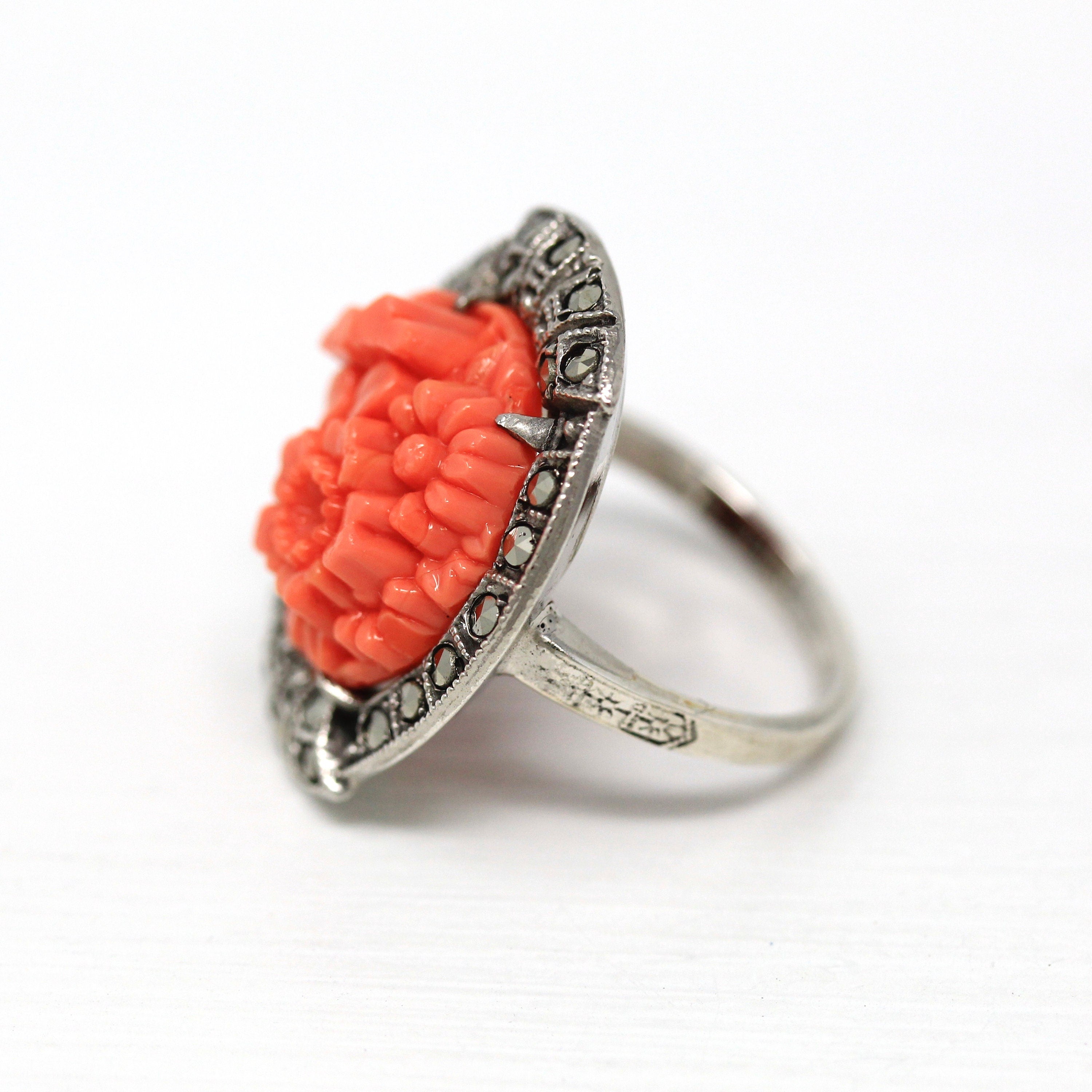 Art Deco Ring - Vintage Sterling Silver Marcasite Carved Simulated Coral - Circa 1930s Era Size 5 1/2 Flowers Statement 30s Flapper Jewelry