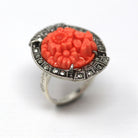 Art Deco Ring - Vintage Sterling Silver Marcasite Carved Simulated Coral - Circa 1930s Era Size 5 1/2 Flowers Statement 30s Flapper Jewelry