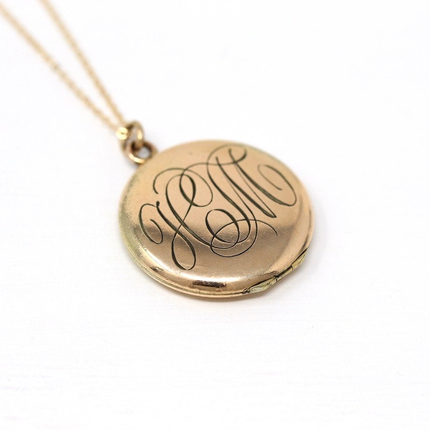 Monogrammed "HM" Locket - Antique Gold Filled Engraved Initials Round Pendant Necklace - Edwardian Circa 1910s Era Photo Keepsake Jewelry