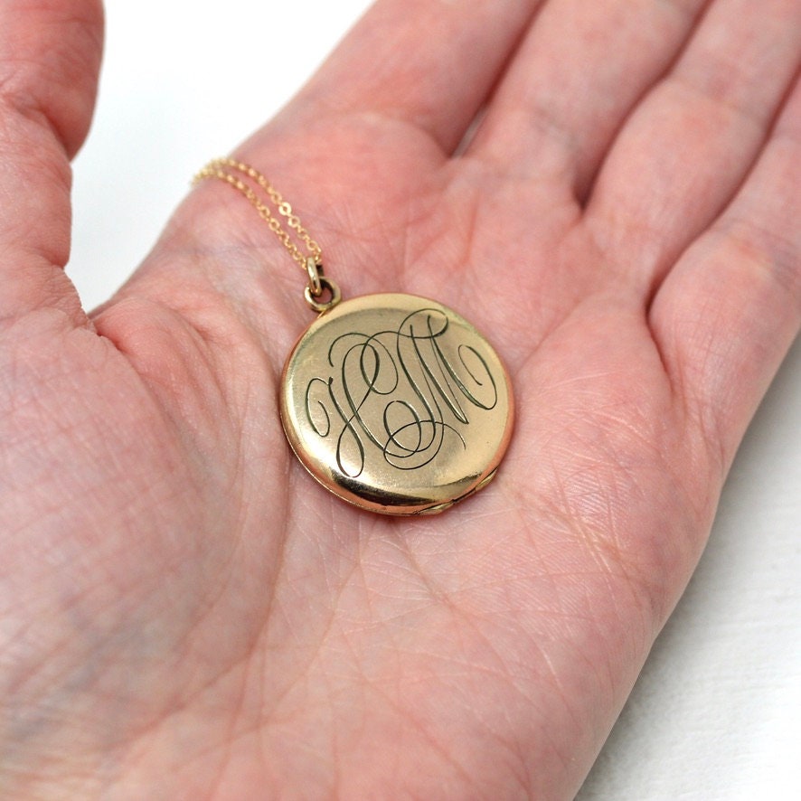 Monogrammed "HM" Locket - Antique Gold Filled Engraved Initials Round Pendant Necklace - Edwardian Circa 1910s Era Photo Keepsake Jewelry