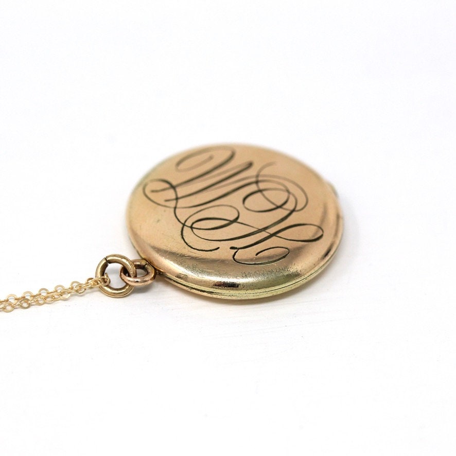 Monogrammed "HM" Locket - Antique Gold Filled Engraved Initials Round Pendant Necklace - Edwardian Circa 1910s Era Photo Keepsake Jewelry