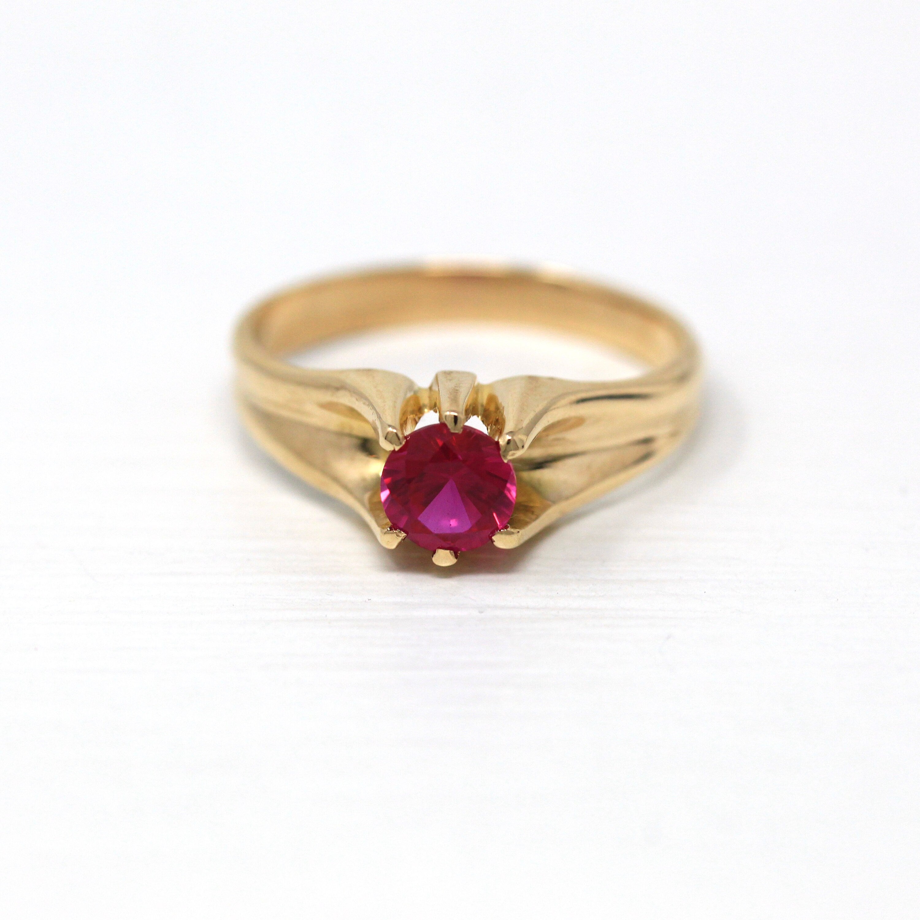 Created Ruby Ring - Retro 10k Yellow Gold Round Faceted Stone 1.07 CT Solitaire - Vintage Circa 1960s Era Size 10 Belcher Style 60s Jewelry