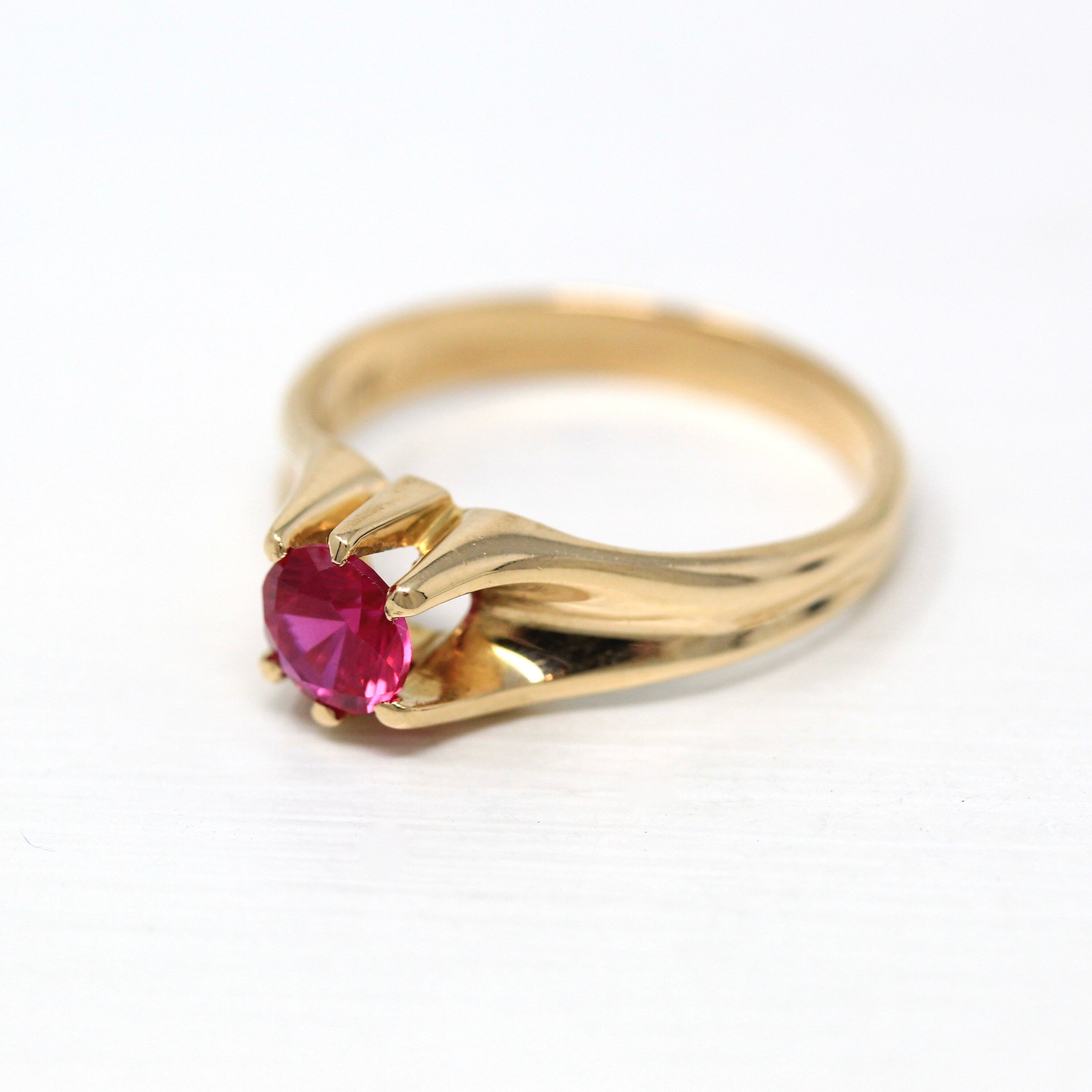 Created Ruby Ring - Retro 10k Yellow Gold Round Faceted Stone 1.07 CT Solitaire - Vintage Circa 1960s Era Size 10 Belcher Style 60s Jewelry