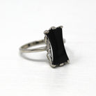 Genuine Onyx Ring - Retro 10k White Gold Fancy Cut Black Gemstone - Vintage Circa 1960s Era Size 7 1/4 Statement Solitaire Fine Jewelry