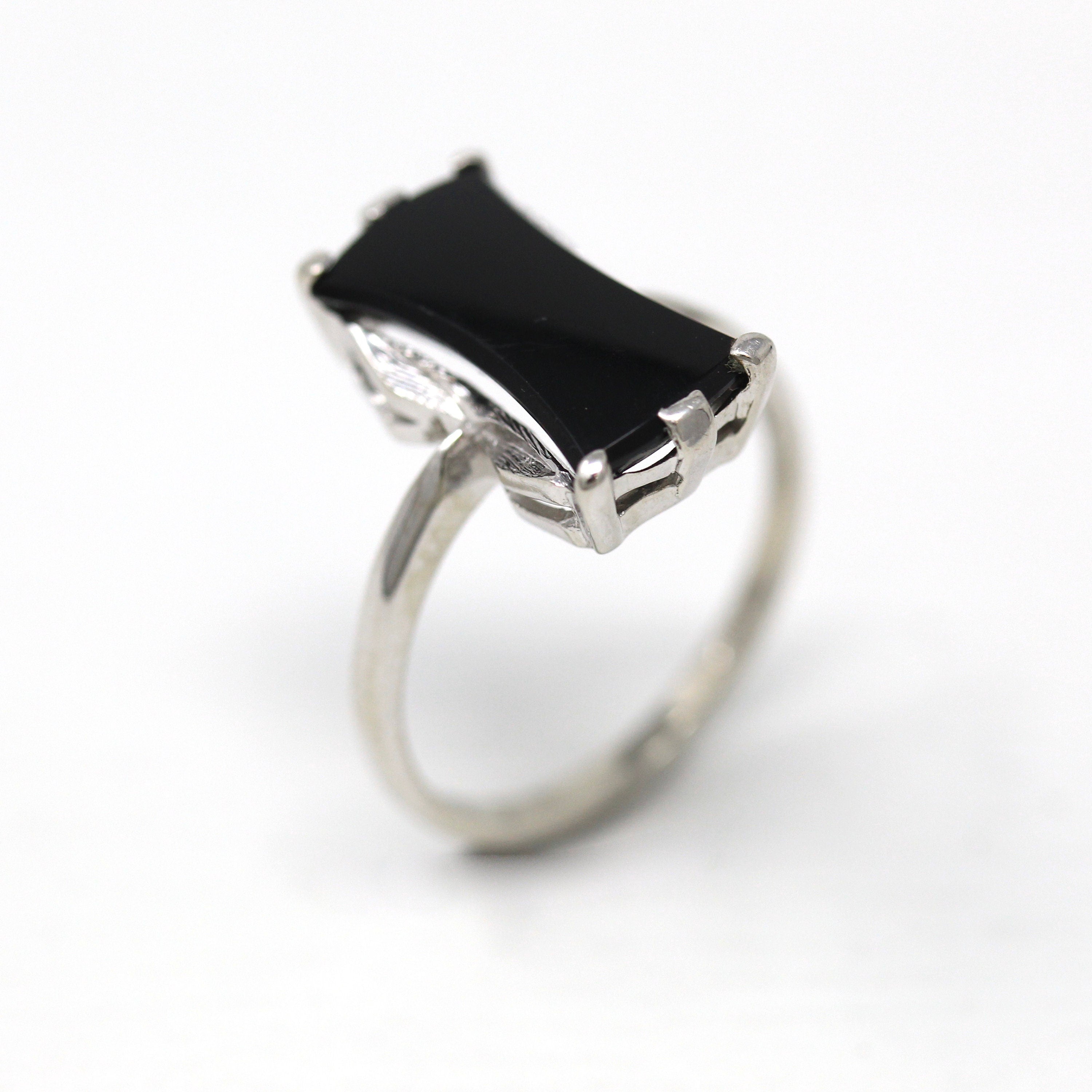 Genuine Onyx Ring - Retro 10k White Gold Fancy Cut Black Gemstone - Vintage Circa 1960s Era Size 7 1/4 Statement Solitaire Fine Jewelry