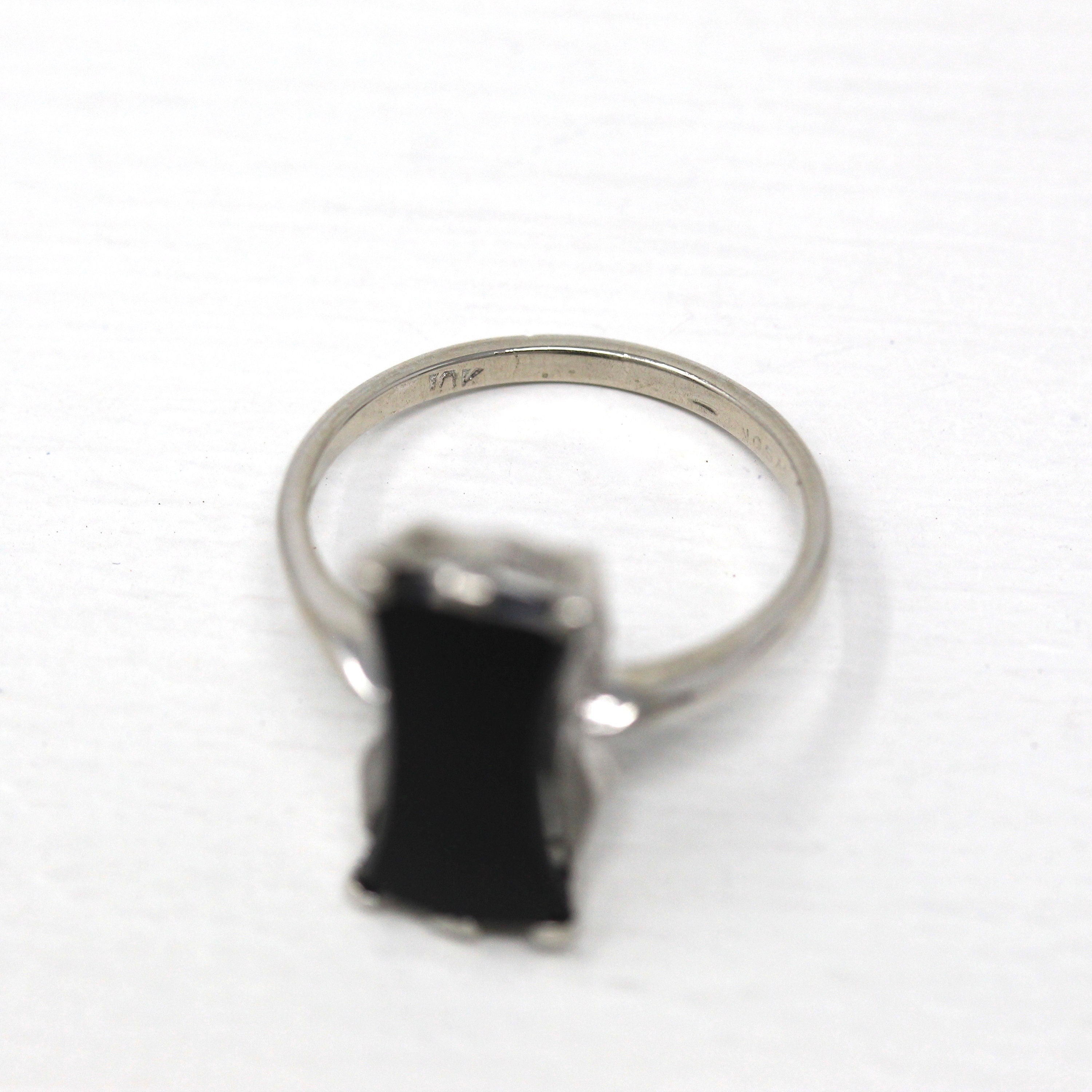 Genuine Onyx Ring - Retro 10k White Gold Fancy Cut Black Gemstone - Vintage Circa 1960s Era Size 7 1/4 Statement Solitaire Fine Jewelry