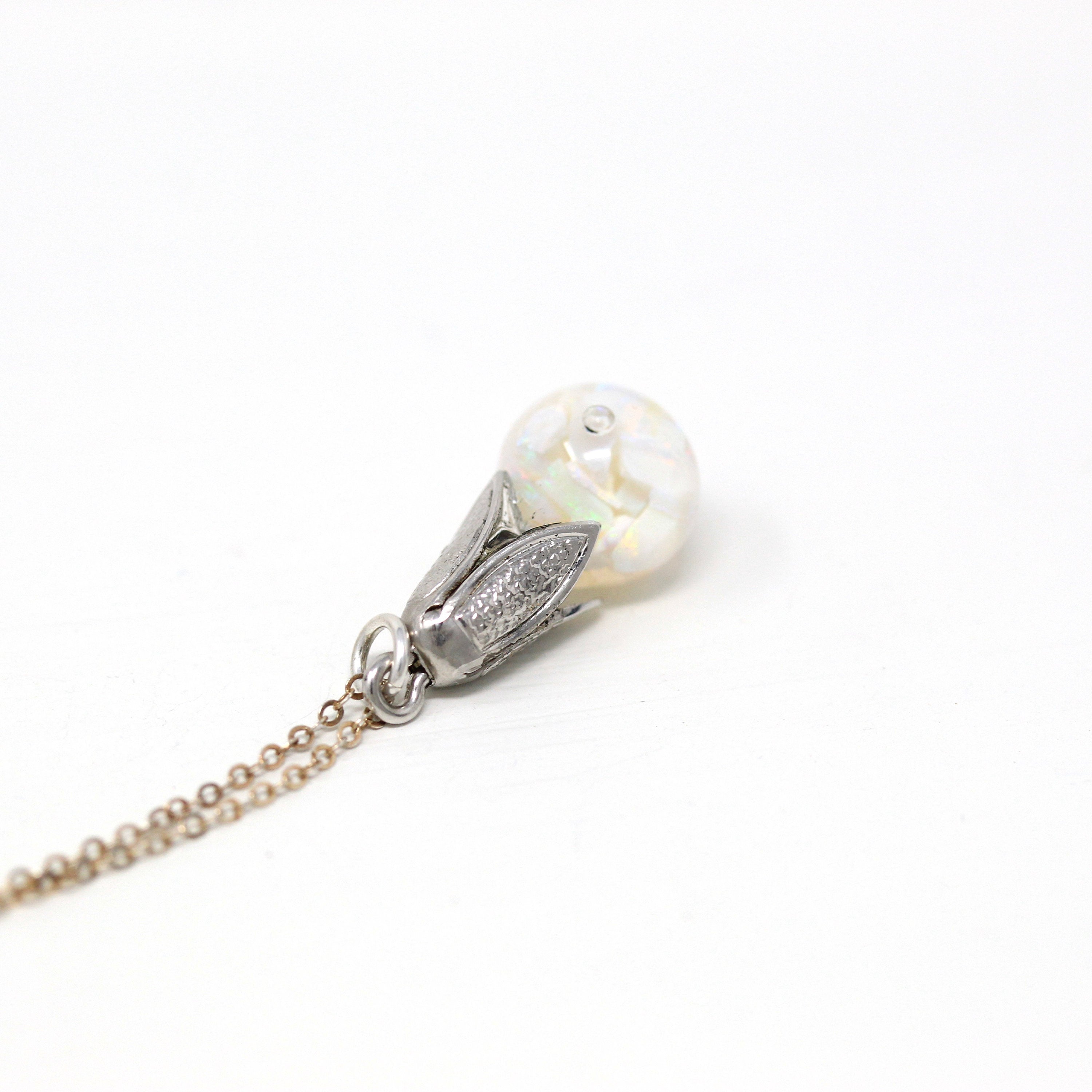 Floating Opal Necklace - Retro Sterling Silver Tulip Cap Genuine Gems Chips Sphere Orb - Vintage 1940s Era Liquid Teardrop Pendant Jewelry