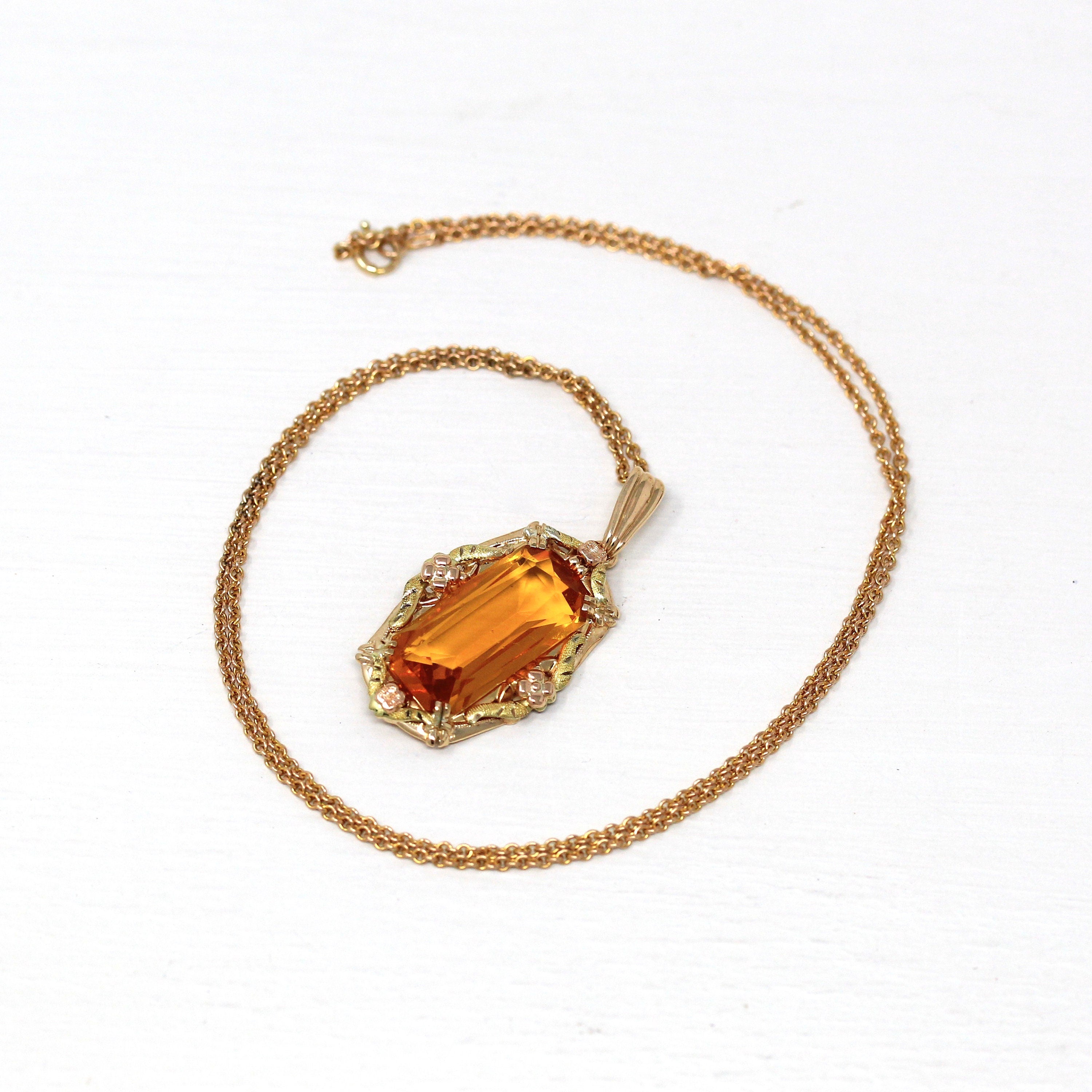 Simulated Citrine Necklace - Retro 10k Yellow Gold Rectangular Faceted Orange Glass Pendant - Vintage Circa 1940s Fine BDA Flower Jewelry