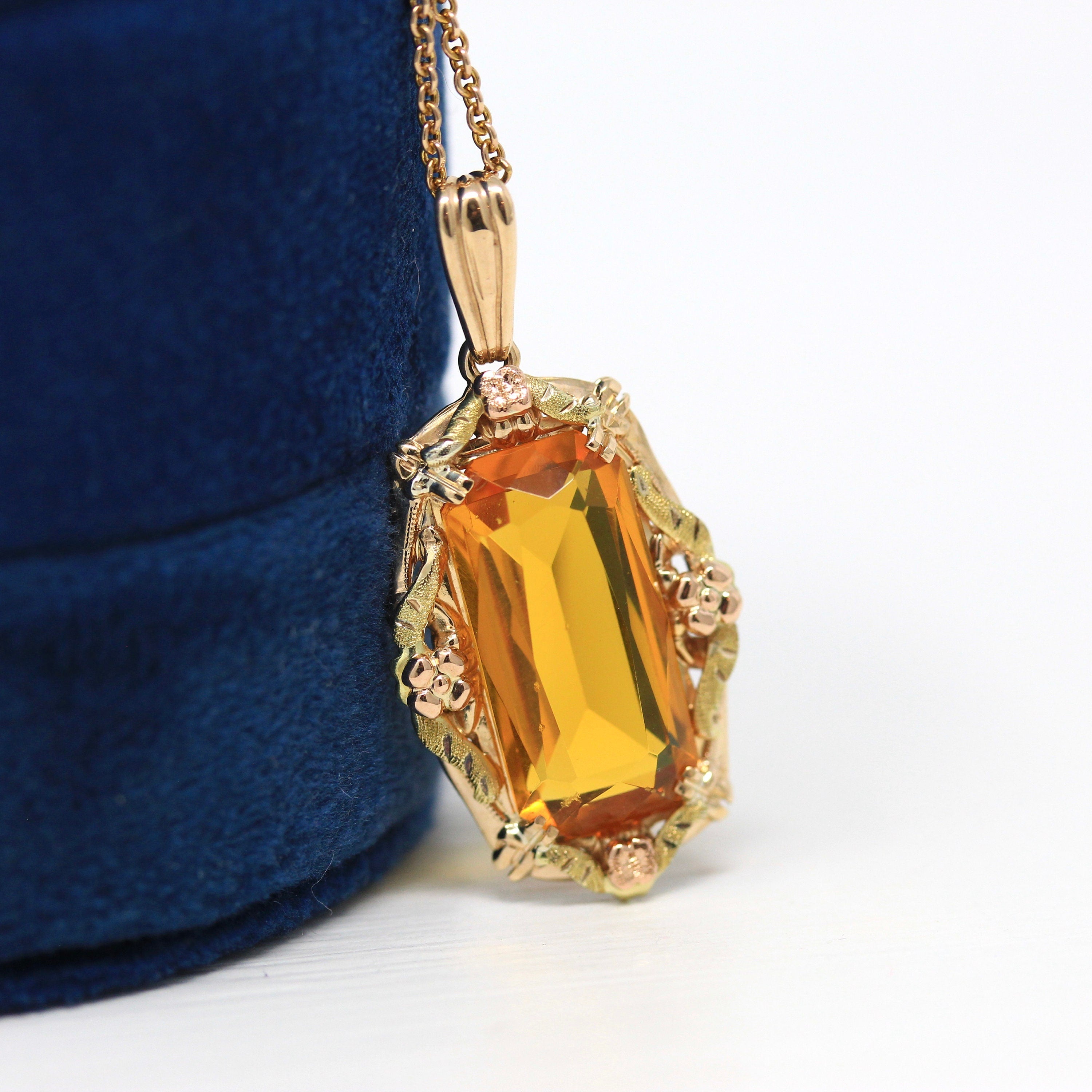 Simulated Citrine Necklace - Retro 10k Yellow Gold Rectangular Faceted Orange Glass Pendant - Vintage Circa 1940s Fine BDA Flower Jewelry