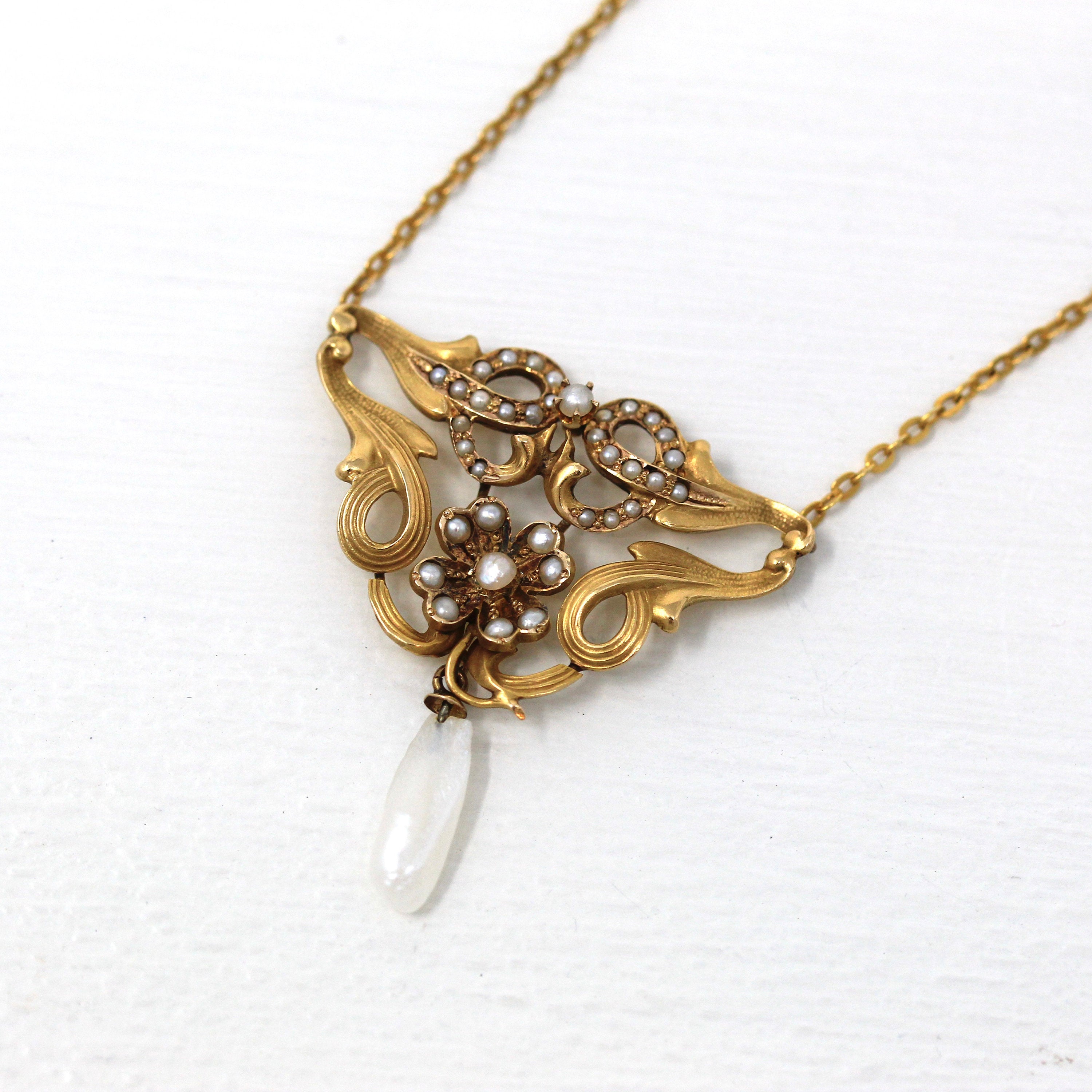 Art Nouveau Necklace - Antique 10k Yellow Gold Genuine Seed Pearls Gem Pendant Lavalier - Vintage 1900s Baroque Pearl Clover Fine Jewelry