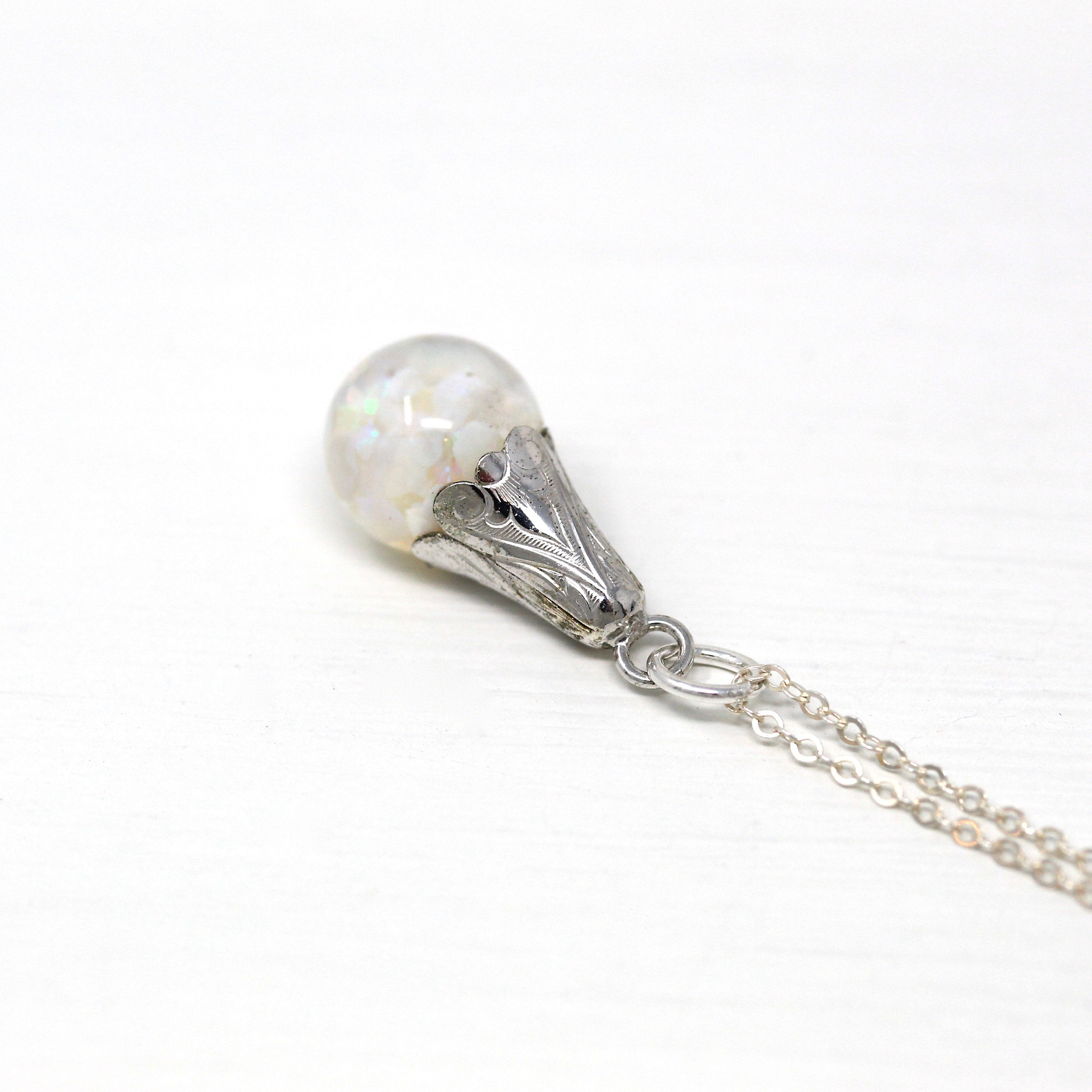 Floating Opal Necklace - Retro Sterling Silver Tulip Cap Genuine Gems Chips Sphere Orb - Vintage 1940s Era Liquid Teardrop Pendant Jewelry