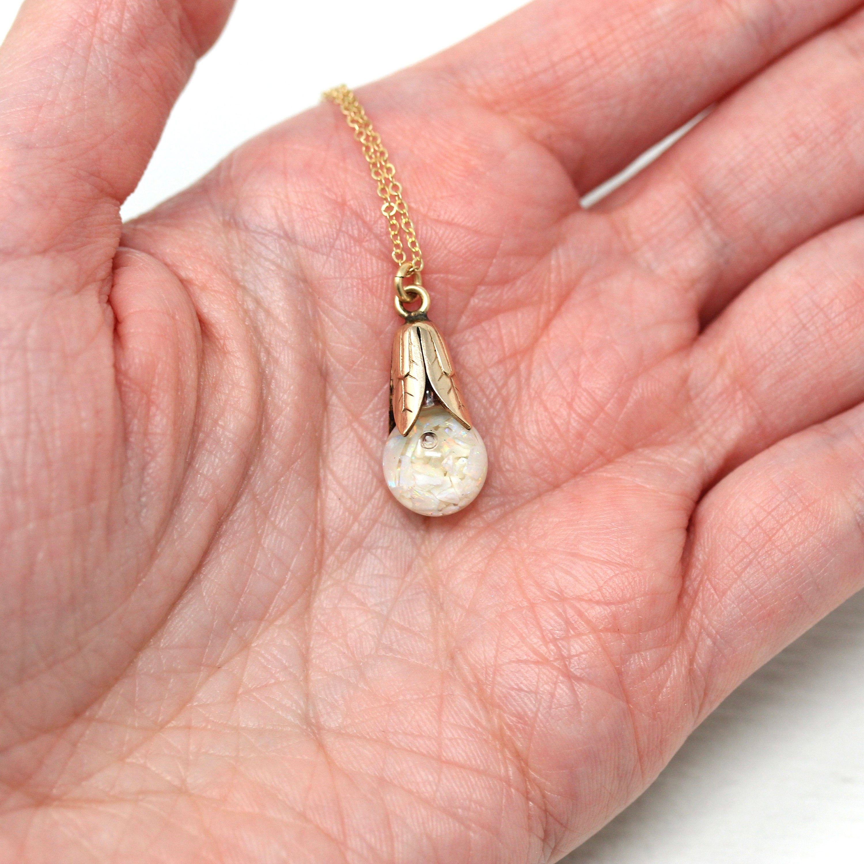 Floating Opal Charm - Retro Gold Filled Tulip Cap Genuine Gemstones Sphere Orb Fob - Vintage 1940s Era Liquid Teardrop Pendant 40s Jewelry