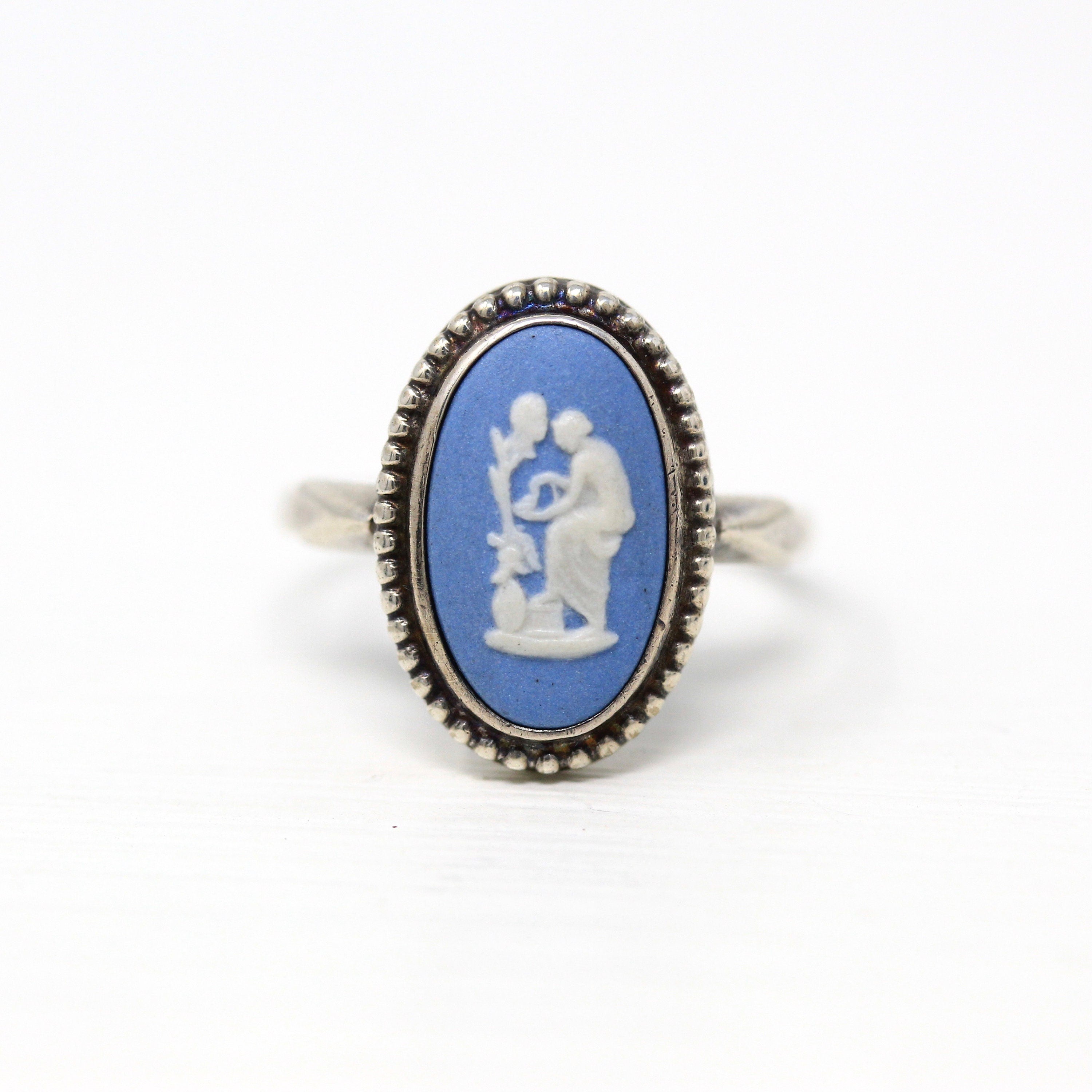 Vintage Wedgwood Ring - Retro Sterling Silver Oval Blue Jasperware Statement - Circa 1970s Size 8 3/4 Mythology Cameo Studded 70s Jewelry