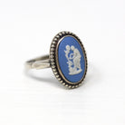 Vintage Wedgwood Ring - Retro Sterling Silver Oval Blue Jasperware Statement - Circa 1970s Size 8 3/4 Mythology Cameo Studded 70s Jewelry