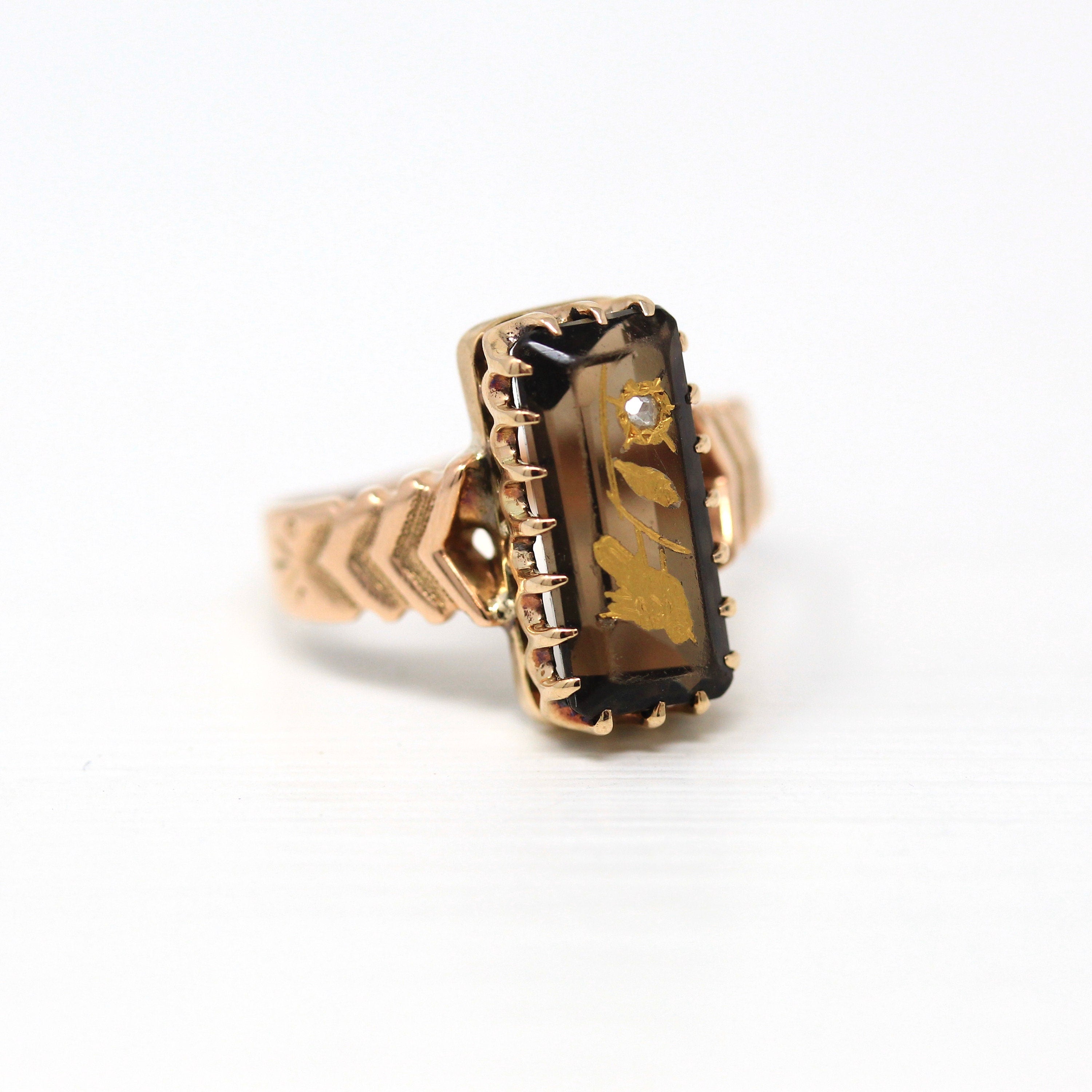 Antique Bird Ring - Victorian 10k Rose Gold Genuine Smoky Quartz Gemstone Statement - Circa 1890s Era Size 5 1/2 Diamond Flower Fine Jewelry