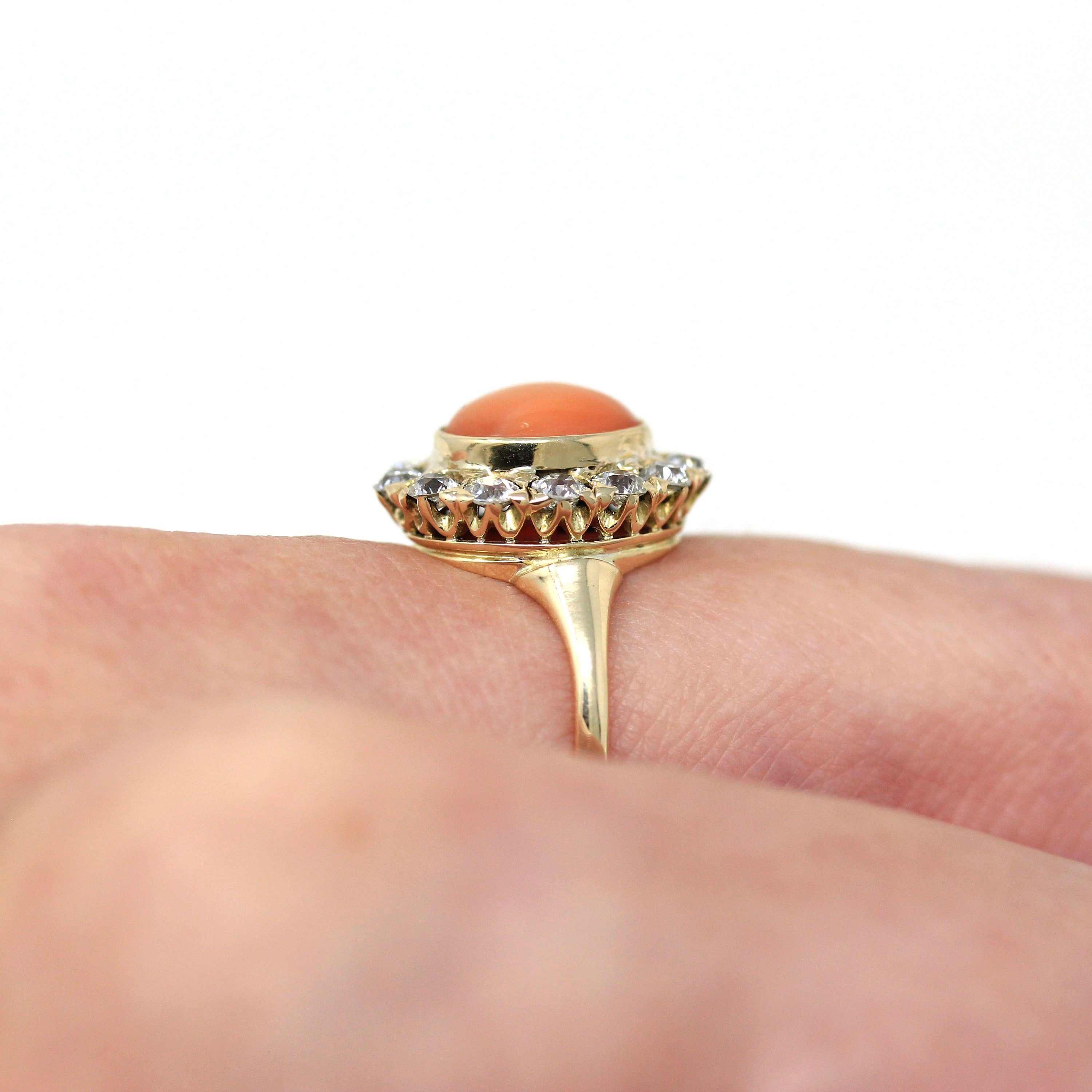 Edwardian Coral Ring - Antique 14k Yellow Gold Cabochon Cut 1.65 CT Gemstone - Circa 1900s Size 5.5 Diamond Halo Style .78 CTW Fine Jewelry