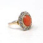 Edwardian Coral Ring - Antique 14k Yellow Gold Cabochon Cut 1.65 CT Gemstone - Circa 1900s Size 5.5 Diamond Halo Style .78 CTW Fine Jewelry