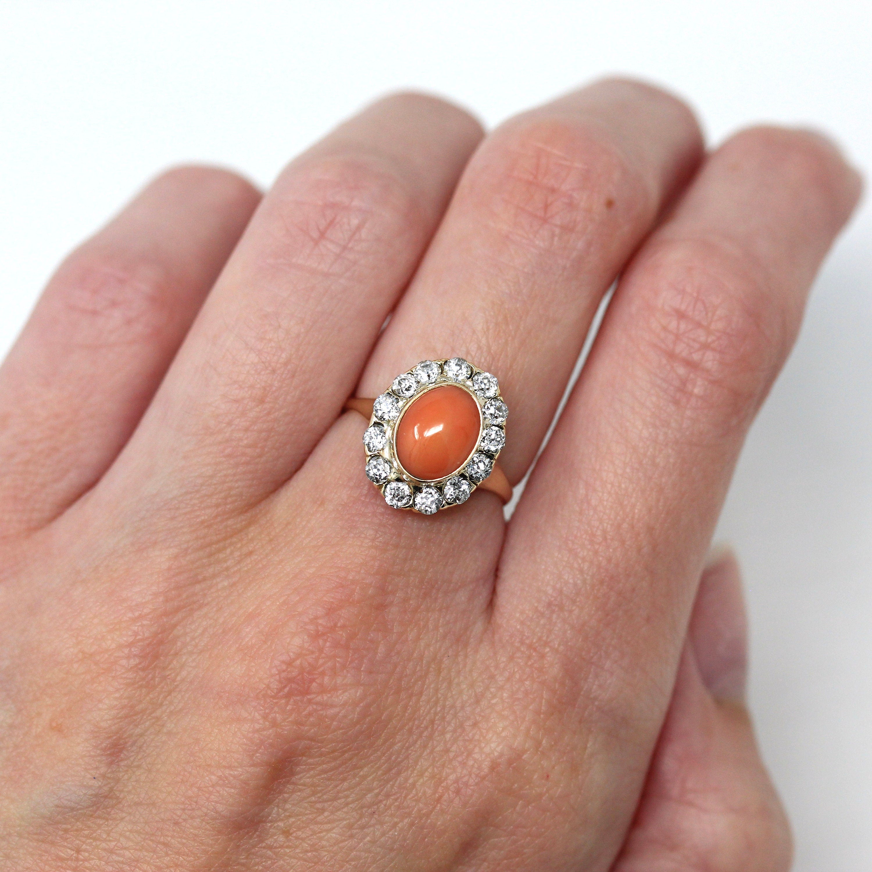 Edwardian Coral Ring - Antique 14k Yellow Gold Cabochon Cut 1.65 CT Gemstone - Circa 1900s Size 5.5 Diamond Halo Style .78 CTW Fine Jewelry