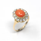 Edwardian Coral Ring - Antique 14k Yellow Gold Cabochon Cut 1.65 CT Gemstone - Circa 1900s Size 5.5 Diamond Halo Style .78 CTW Fine Jewelry