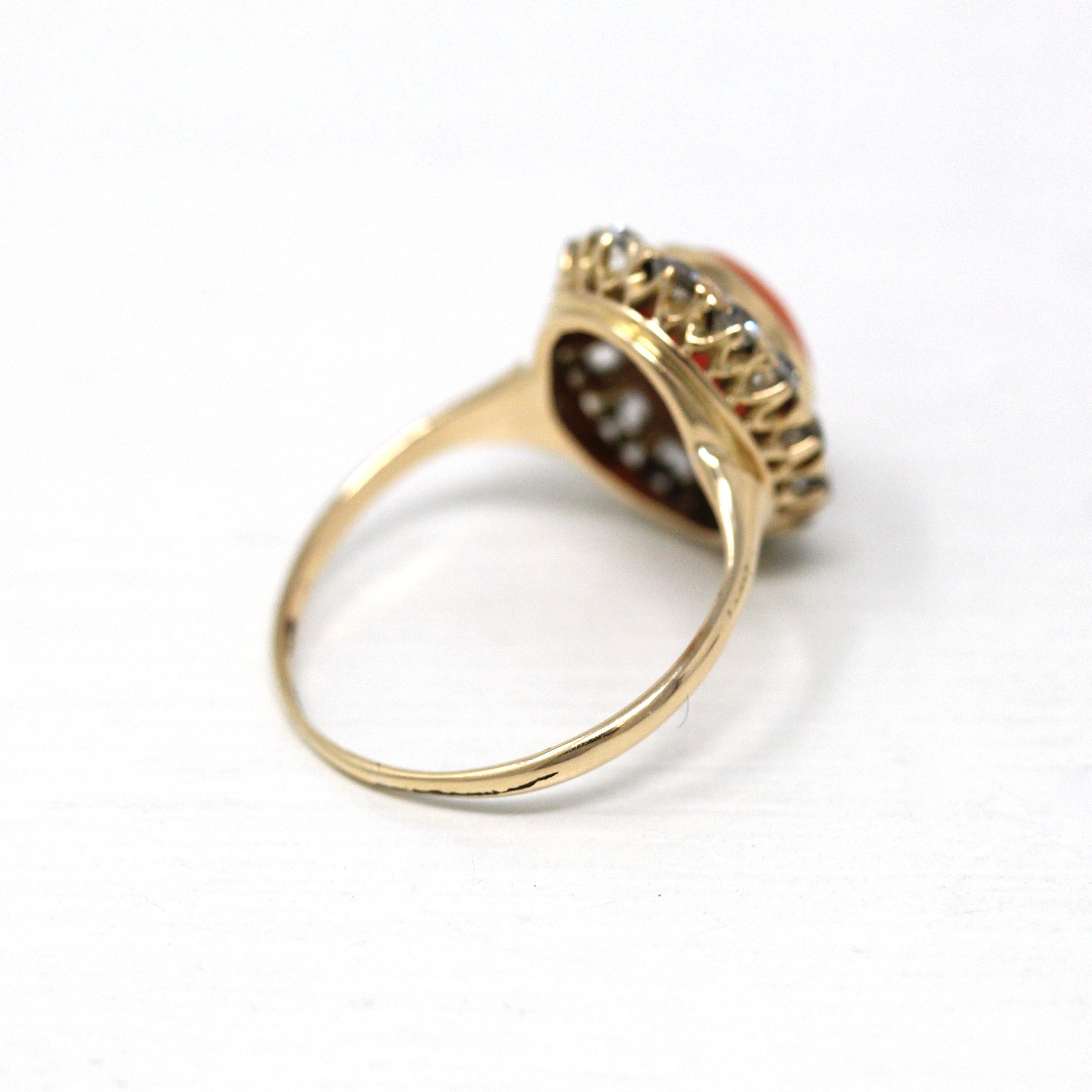 Edwardian Coral Ring - Antique 14k Yellow Gold Cabochon Cut 1.65 CT Gemstone - Circa 1900s Size 5.5 Diamond Halo Style .78 CTW Fine Jewelry