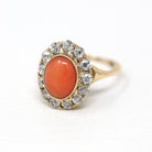 Edwardian Coral Ring - Antique 14k Yellow Gold Cabochon Cut 1.65 CT Gemstone - Circa 1900s Size 5.5 Diamond Halo Style .78 CTW Fine Jewelry