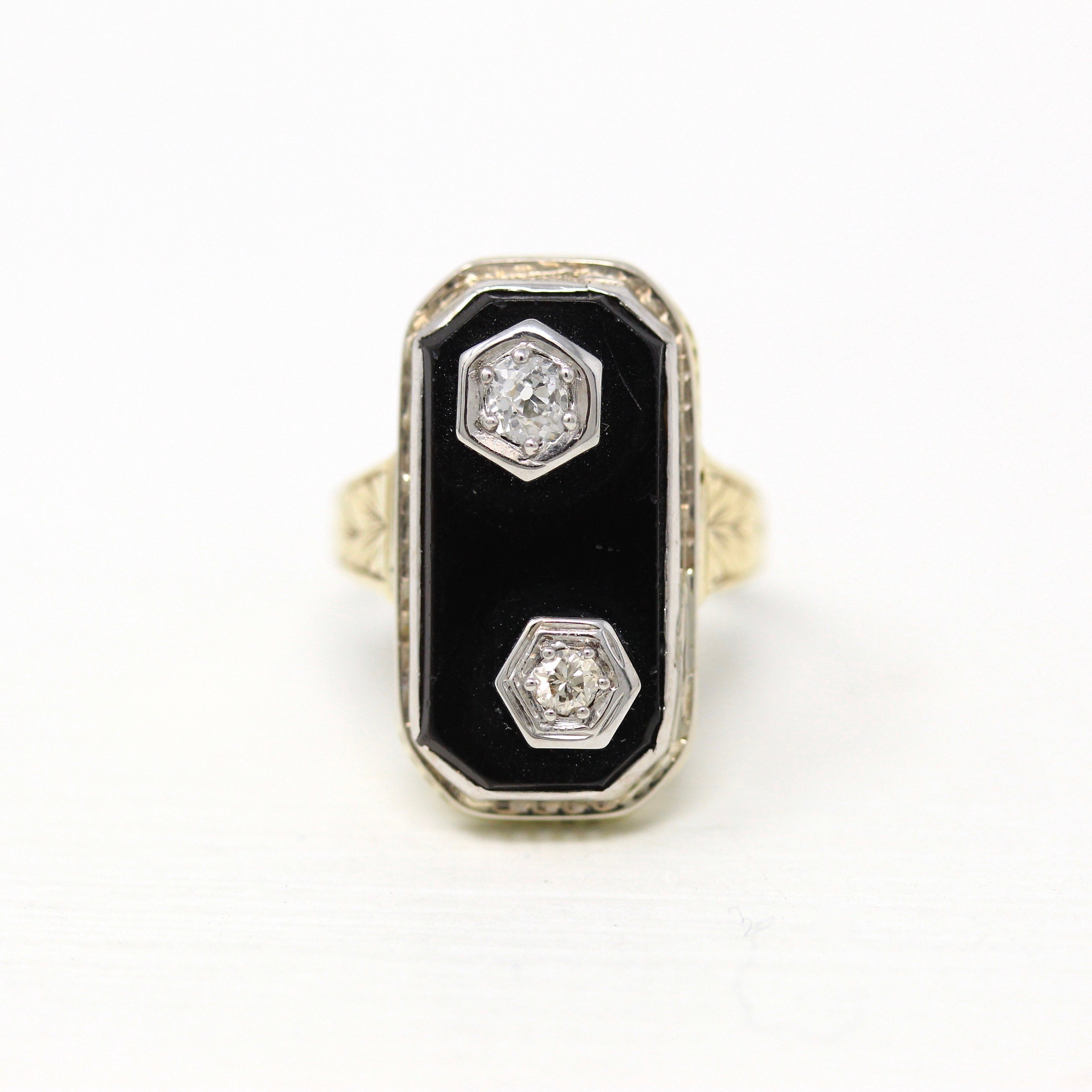 Vintage Onyx Ring - Art Deco 14k Yellow & White Gold Genuine .12 CT Diamond Statement - Circa 1930s Size 3.25 Rectangular Gem Fine Jewelry