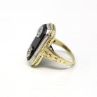 Vintage Onyx Ring - Art Deco 14k Yellow & White Gold Genuine .12 CT Diamond Statement - Circa 1930s Size 3.25 Rectangular Gem Fine Jewelry