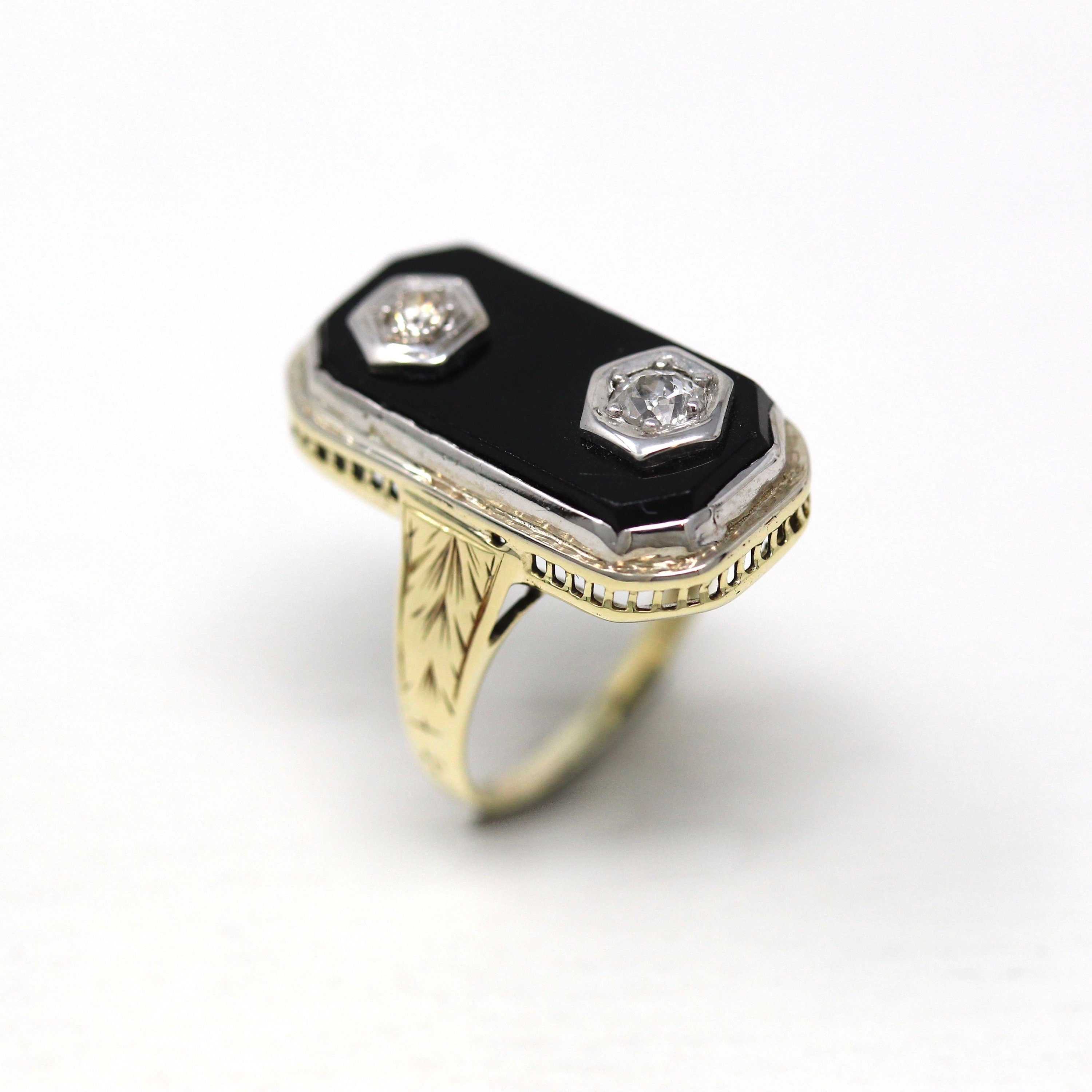 Vintage Onyx Ring - Art Deco 14k Yellow & White Gold Genuine .12 CT Diamond Statement - Circa 1930s Size 3.25 Rectangular Gem Fine Jewelry