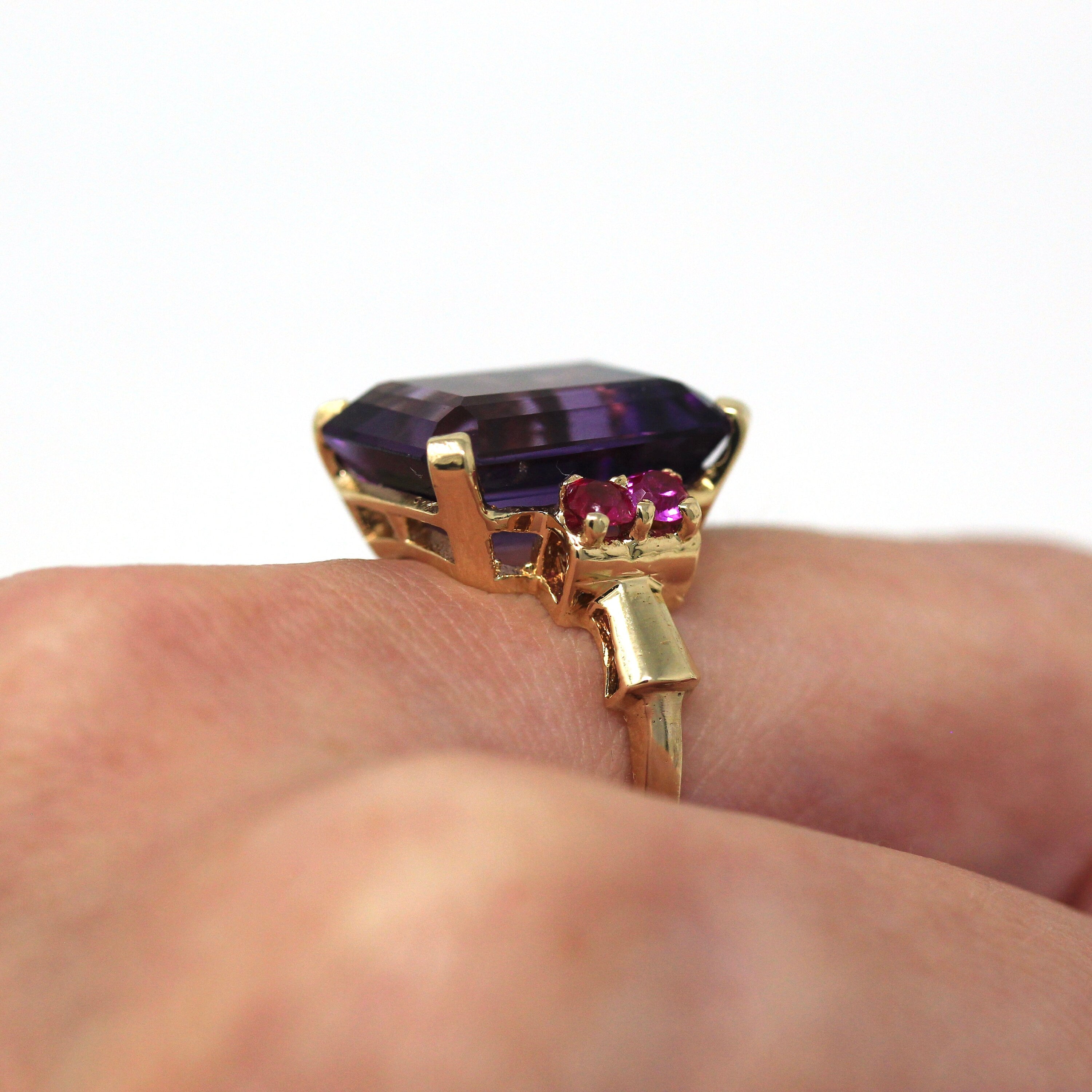 Amethyst Cocktail Ring - Retro 14k Yellow Gold Genuine 9 CT Amethyst Gem - Vintage Circa 1940s Size 6.25 Created Ruby Accent Fine Jewelry