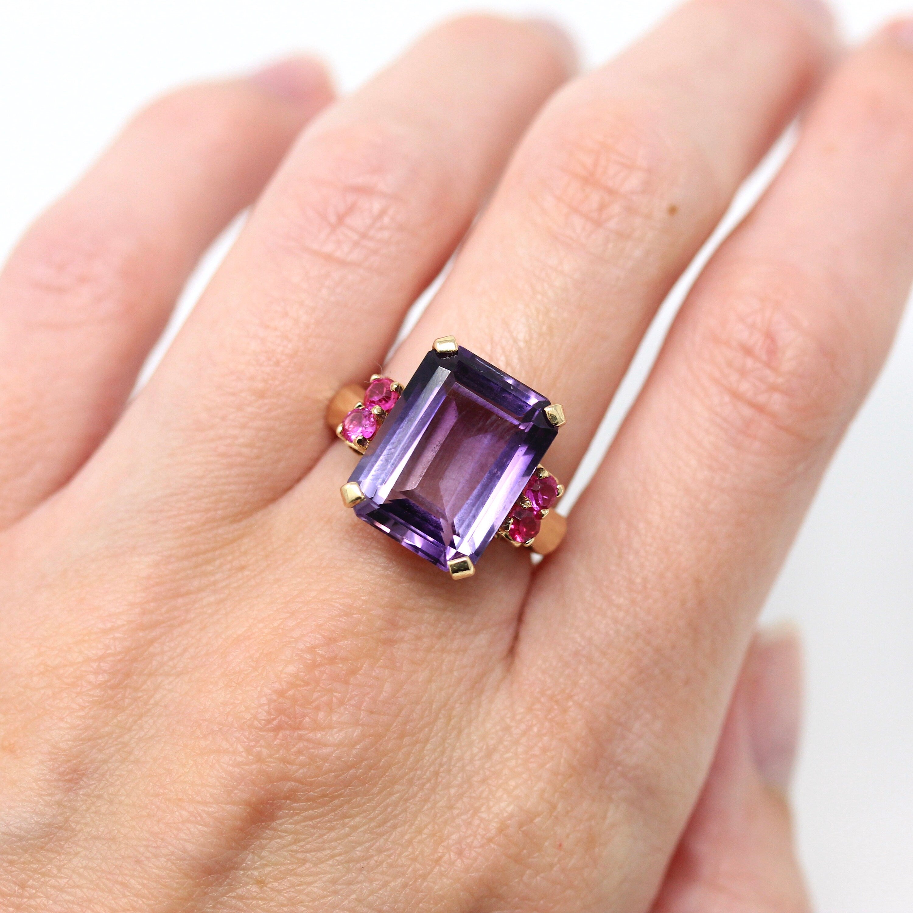 Amethyst Cocktail Ring - Retro 14k Yellow Gold Genuine 9 CT Amethyst Gem - Vintage Circa 1940s Size 6.25 Created Ruby Accent Fine Jewelry