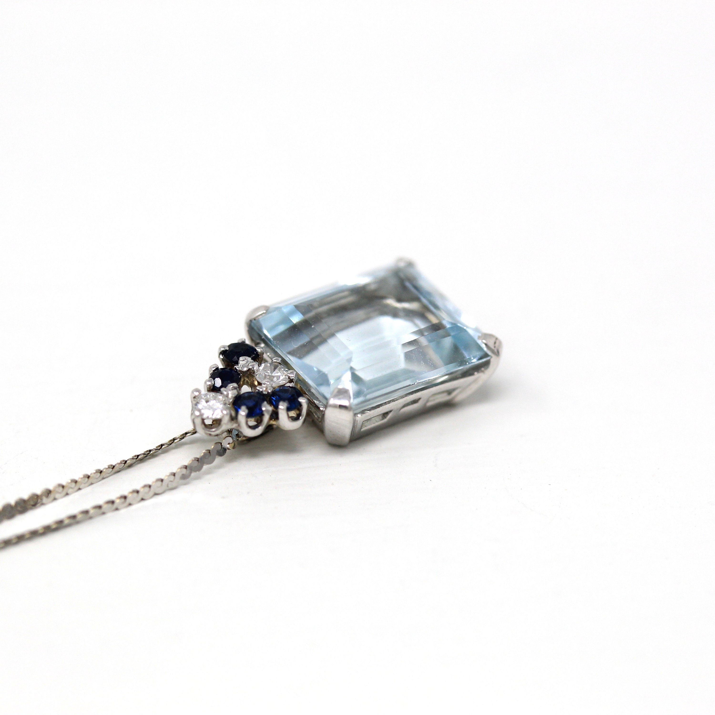 Aquamarine & Sapphire Pendant - Estate 14k White Gold Genuine Blue Gems Diamond Necklace - Modern Circa 2000s Era March Birthstone Jewelry