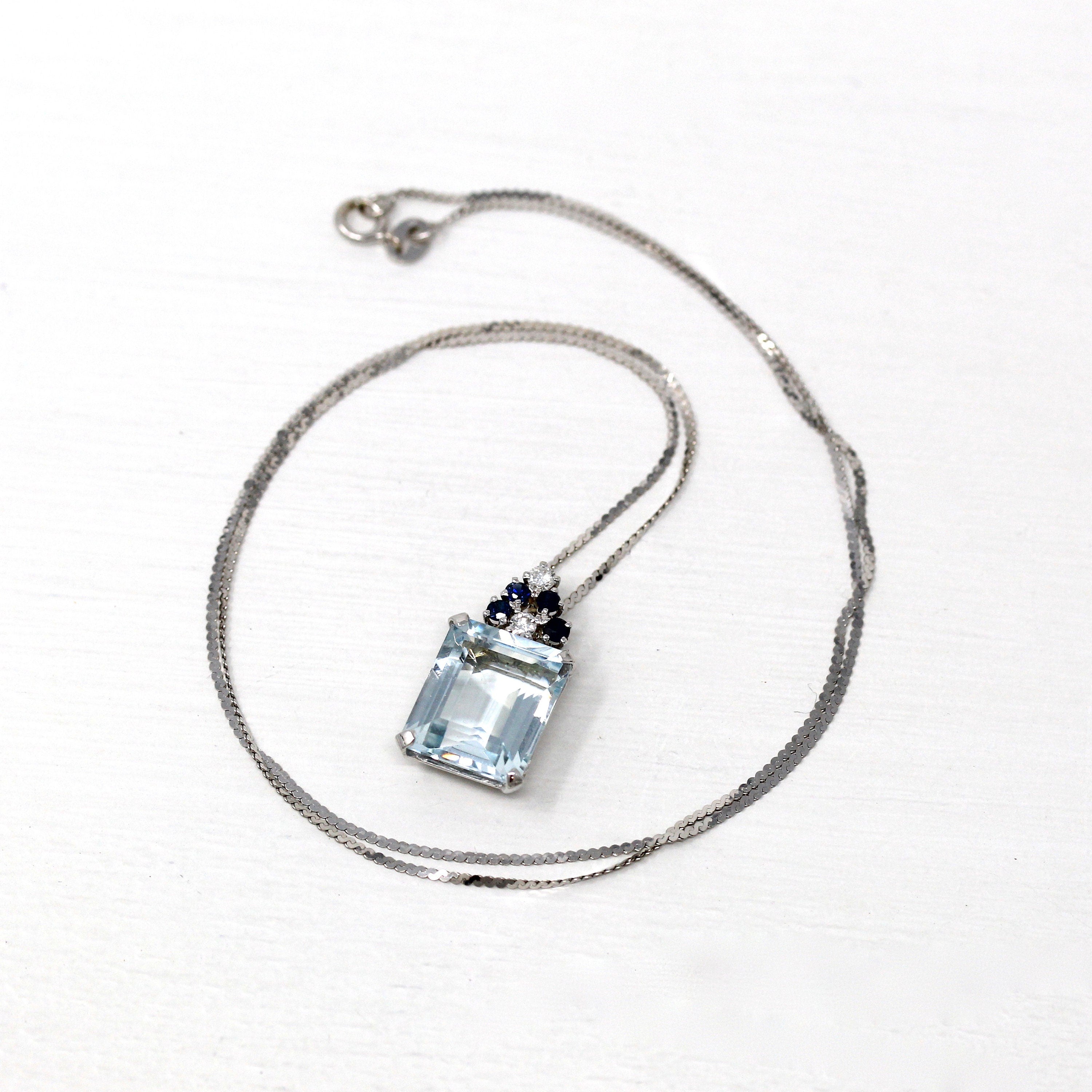 Aquamarine & Sapphire Pendant - Estate 14k White Gold Genuine Blue Gems Diamond Necklace - Modern Circa 2000s Era March Birthstone Jewelry