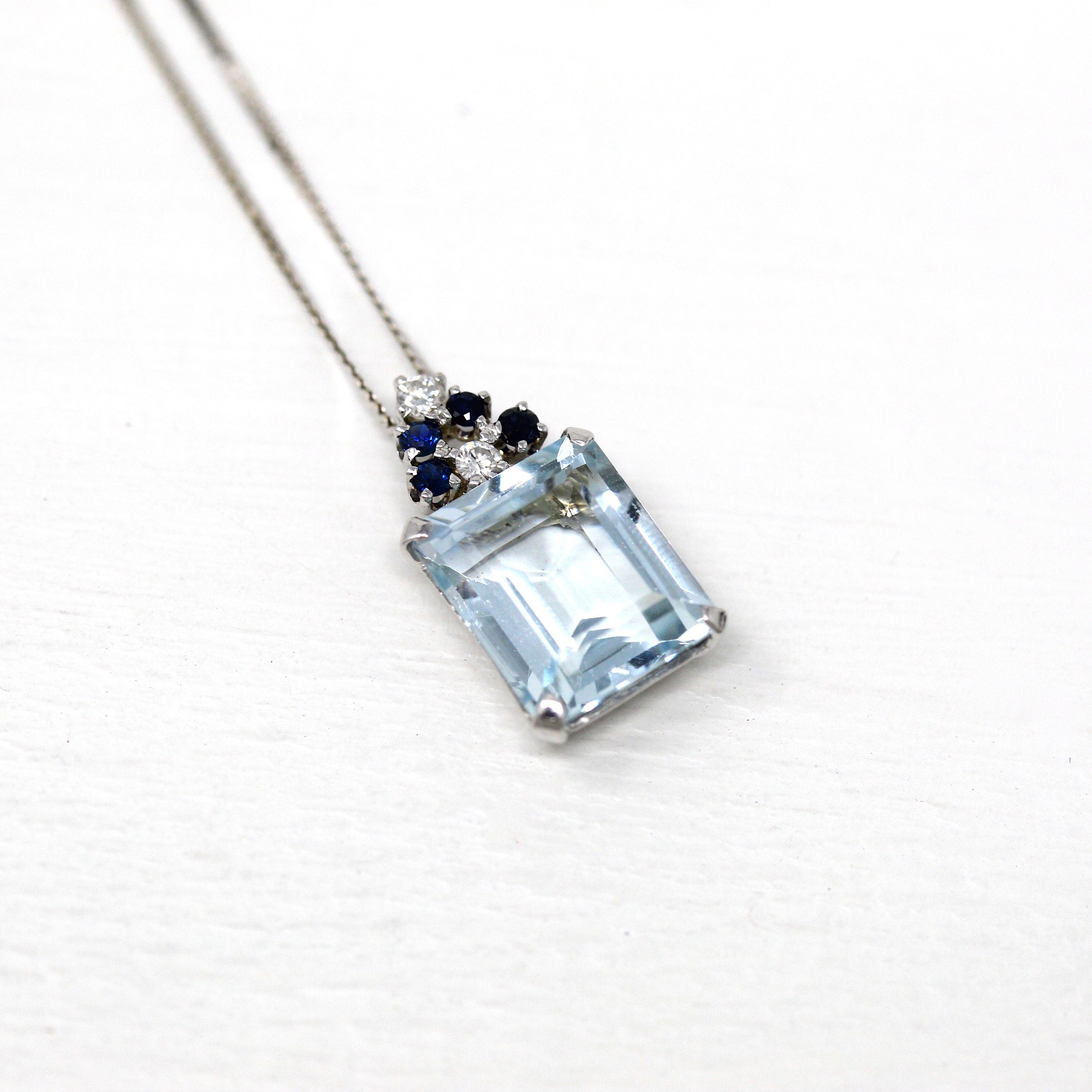 Aquamarine & Sapphire Pendant - Estate 14k White Gold Genuine Blue Gems Diamond Necklace - Modern Circa 2000s Era March Birthstone Jewelry