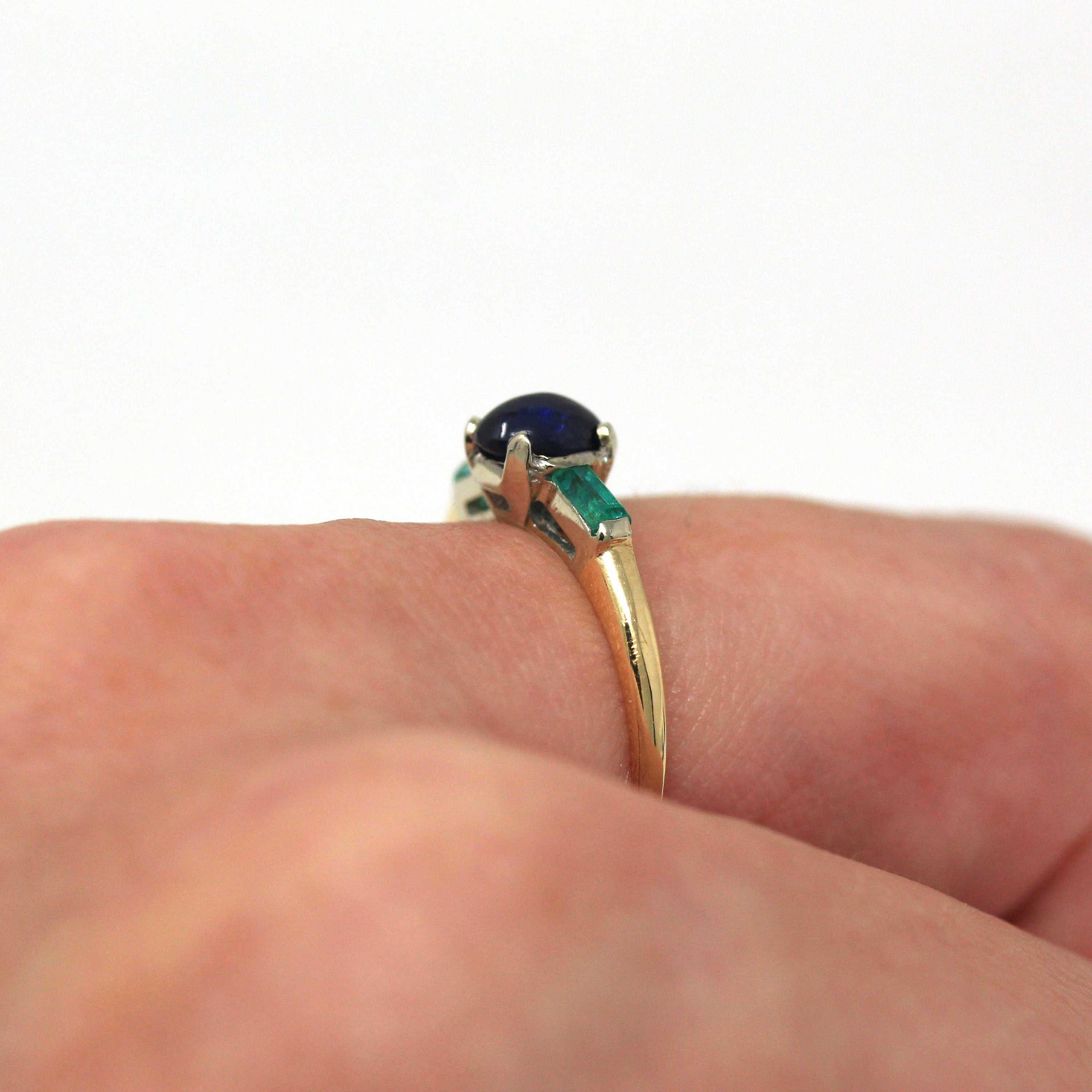 Genuine Sapphire Ring - Estate 14k Yellow Gold Oval Cabochon .74 CT Blue Gem - Vintage Circa 1990s Size 5.5 Emerald Accent 3 Stone Jewelry