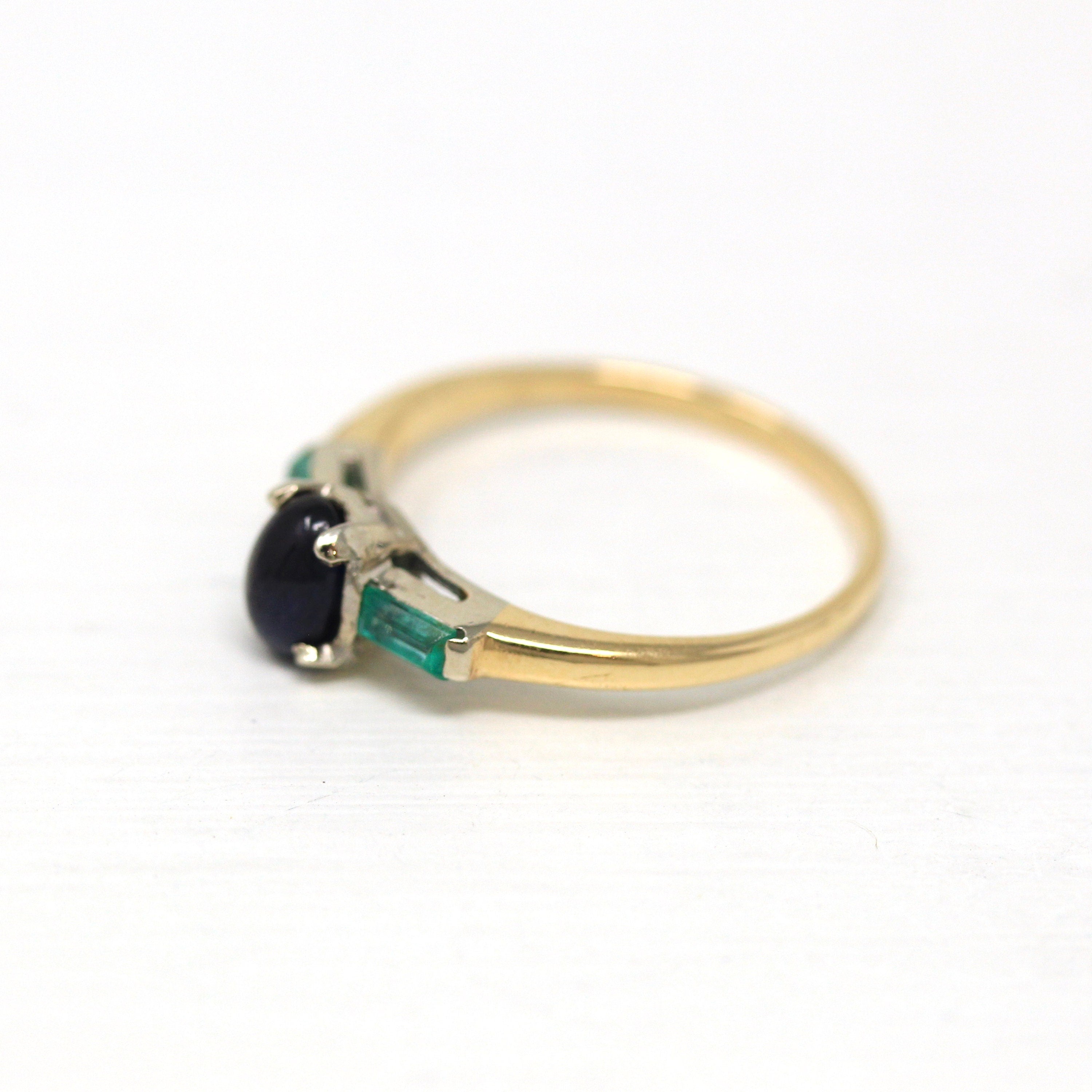 Genuine Sapphire Ring - Estate 14k Yellow Gold Oval Cabochon .74 CT Blue Gem - Vintage Circa 1990s Size 5.5 Emerald Accent 3 Stone Jewelry