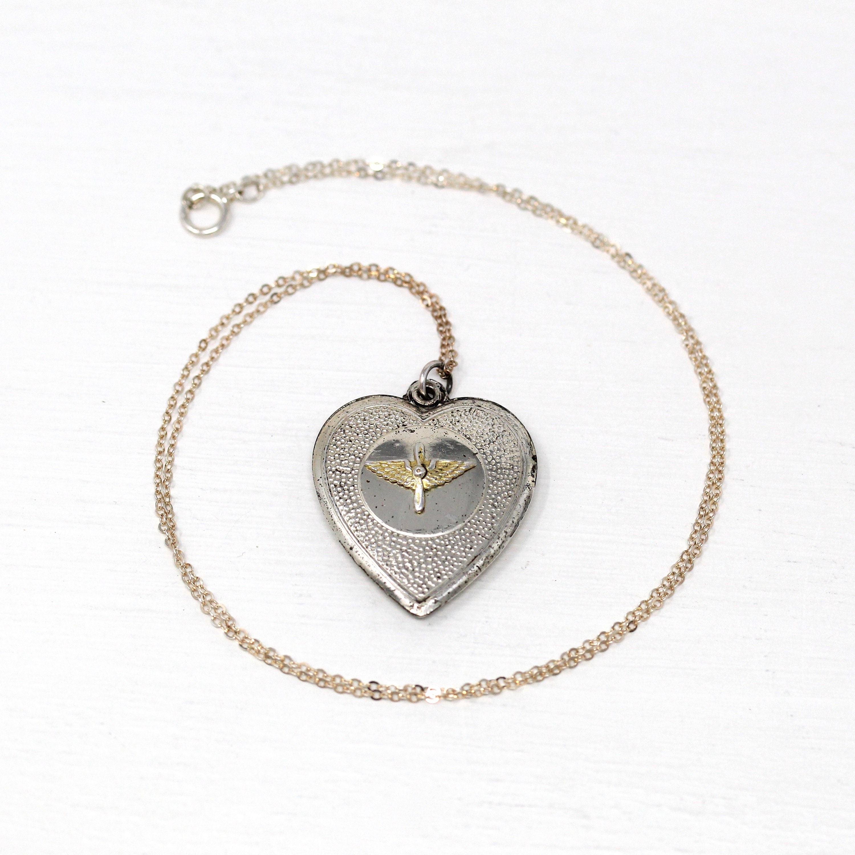 Vintage Aviation Pendant - Retro Sterling Silver Prop And Wings Puffy Heart Necklace - Circa 1940s Statement Military Sweetheart 40s Jewelry