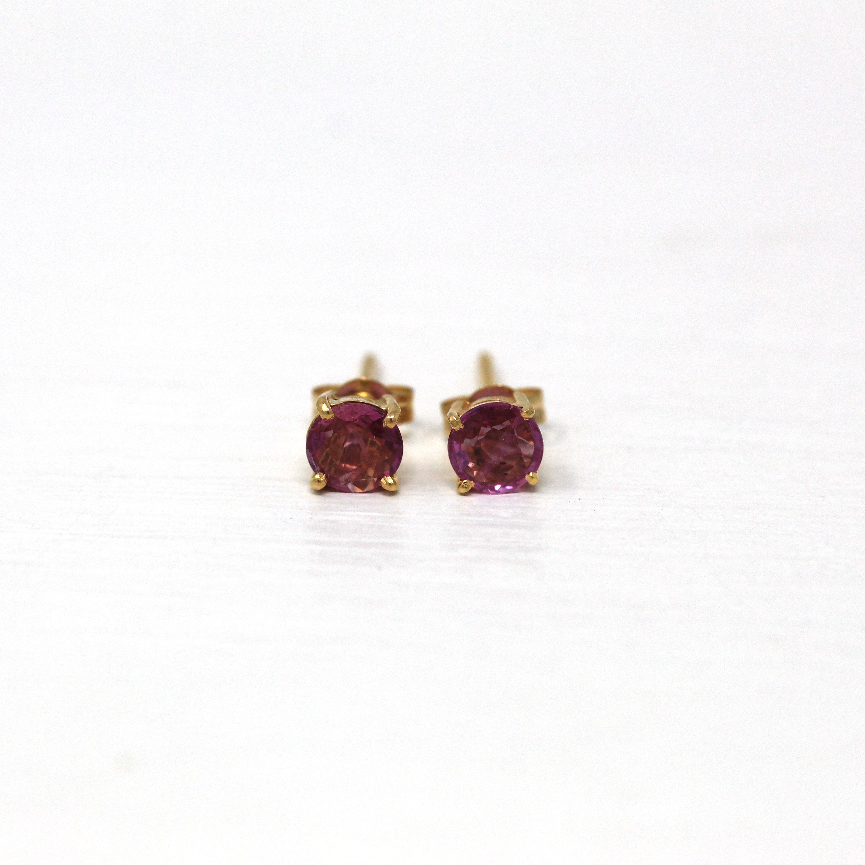 Genuine Pink Sapphire Earrings - Vintage 14k Yellow Gold Round Faceted Gemstones Push Back Studs - Estate C. 1990s Pierced Fine 90s Jewelry