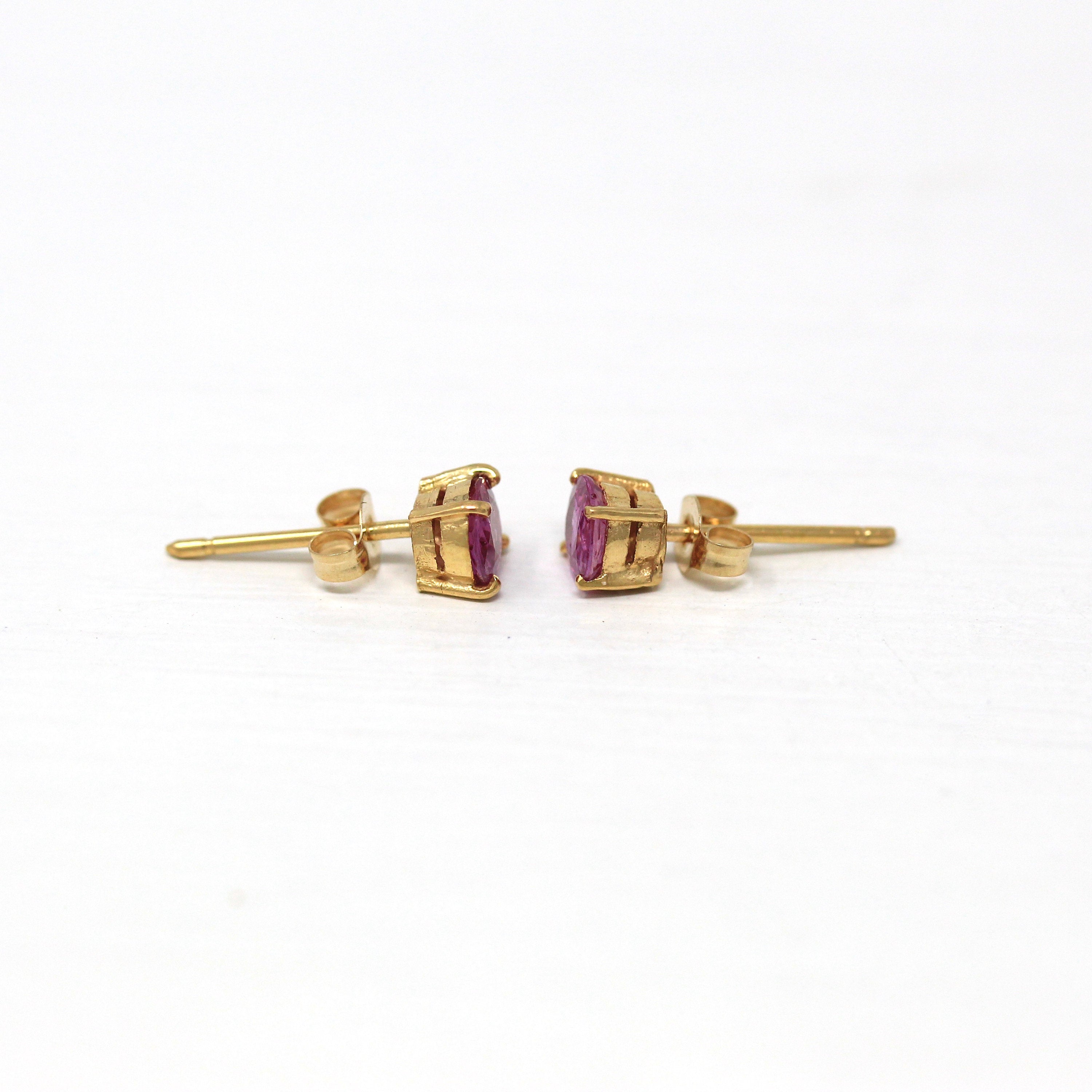 Genuine Pink Sapphire Earrings - Vintage 14k Yellow Gold Round Faceted Gemstones Push Back Studs - Estate C. 1990s Pierced Fine 90s Jewelry