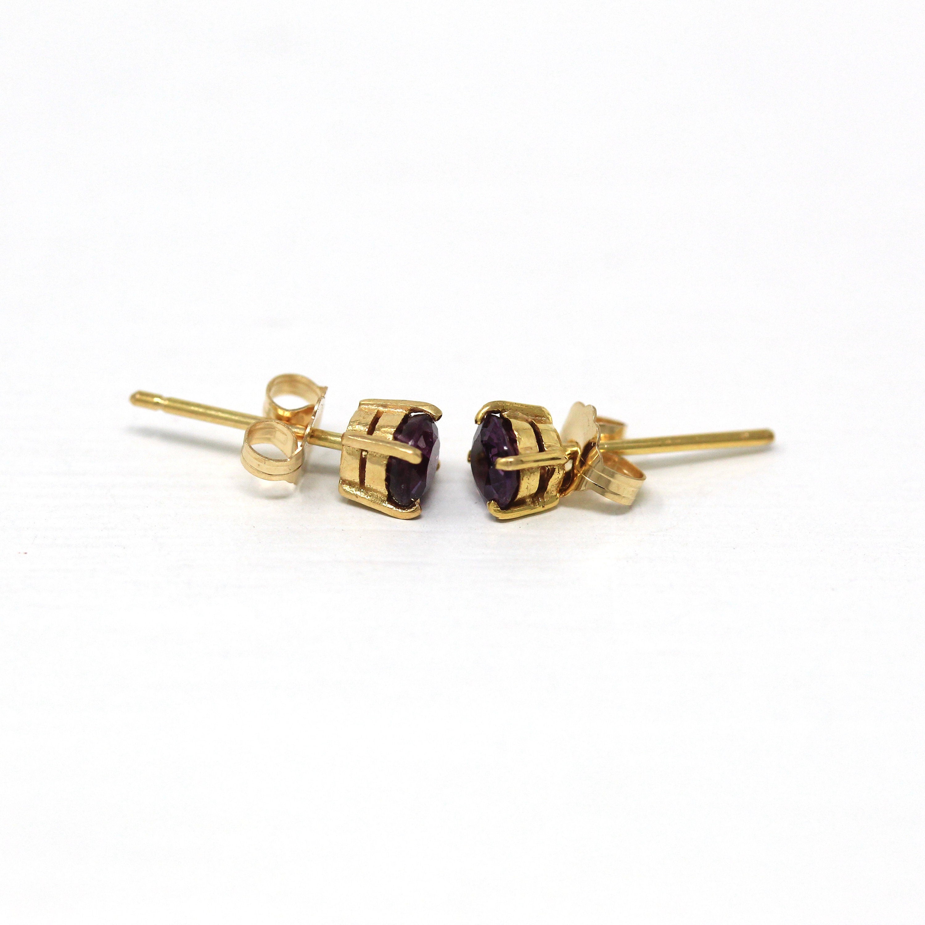 Purple Sapphire Earrings - Vintage 14k Yellow Gold Round Faceted Gemstones Push Back Studs - Estate Circa 1990s Era Pierced Fine 90s Jewelry