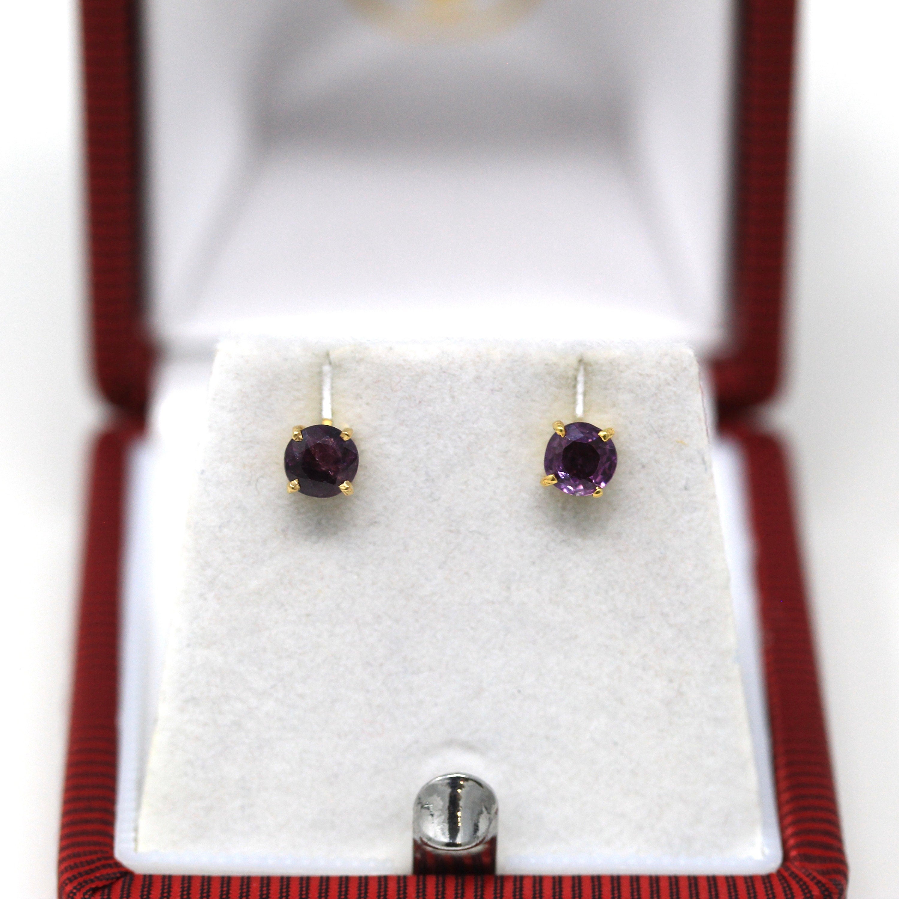 Purple Sapphire Earrings - Vintage 14k Yellow Gold Round Faceted Gemstones Push Back Studs - Estate Circa 1990s Era Pierced Fine 90s Jewelry