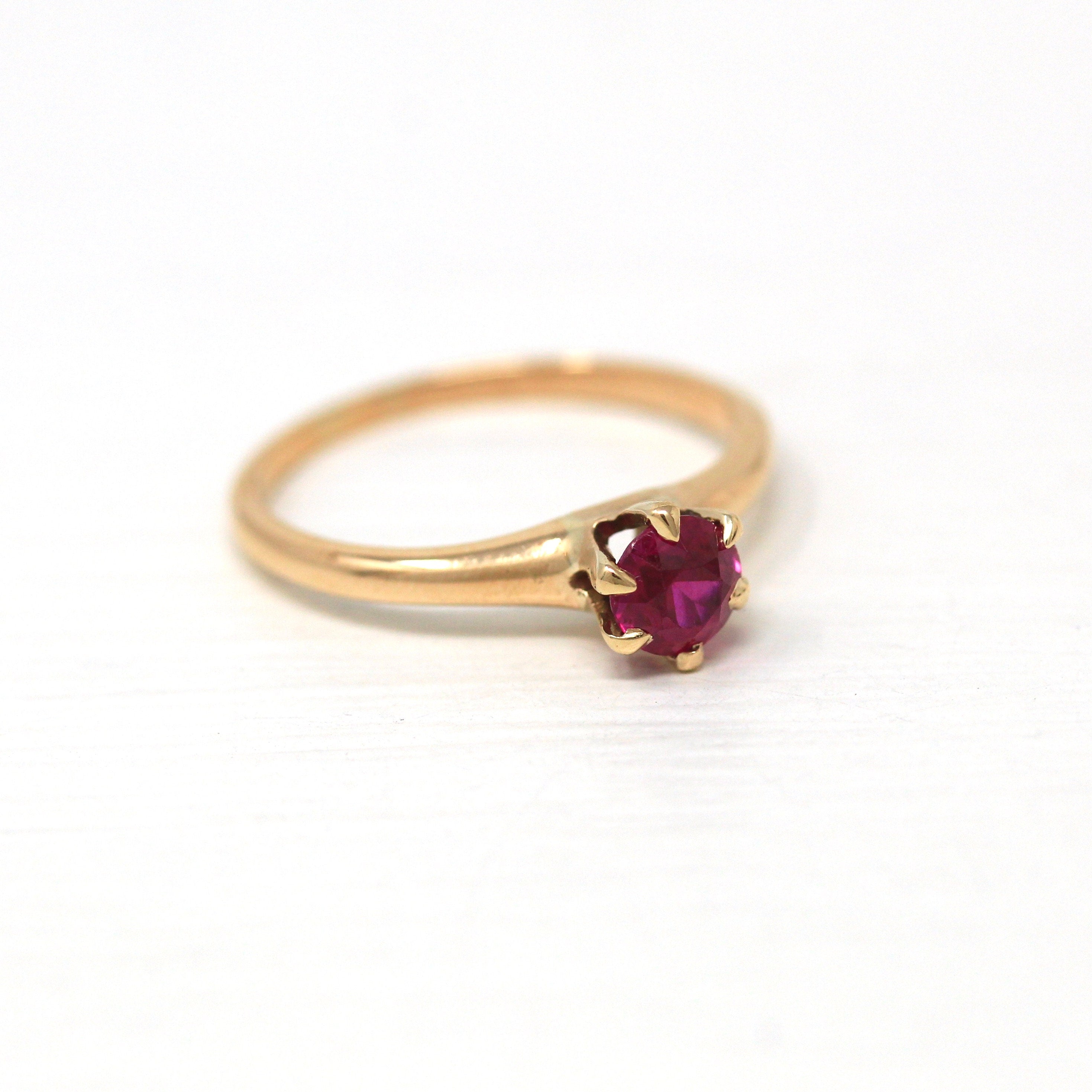 Created Ruby Ring - Retro 10k Yellow Gold Round Faceted 1.67 CT Red Pink Stone - Vintage Circa 1940s Era Size 5 3/4 Fine Solitaire Jewelry