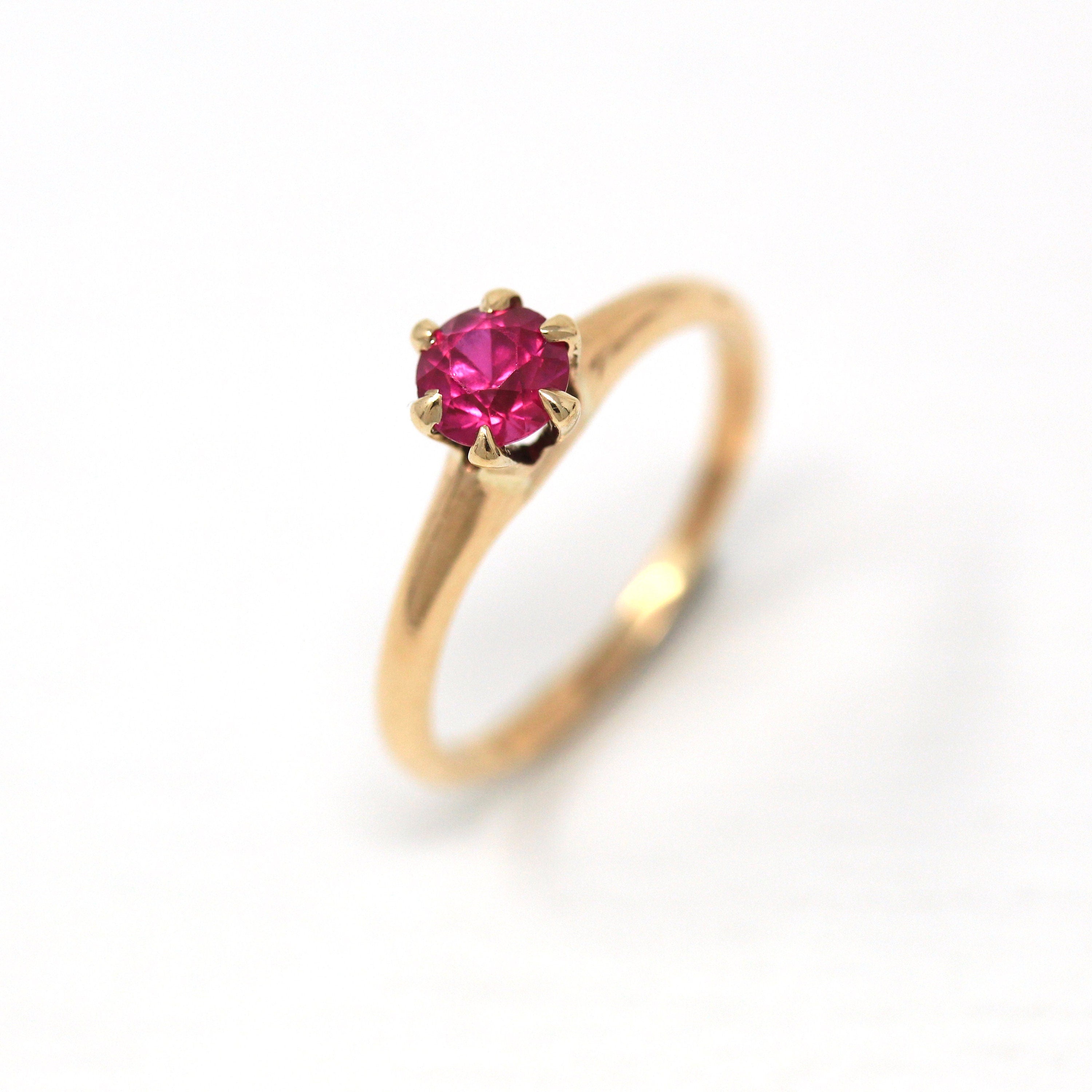 Created Ruby Ring - Retro 10k Yellow Gold Round Faceted 1.67 CT Red Pink Stone - Vintage Circa 1940s Era Size 5 3/4 Fine Solitaire Jewelry