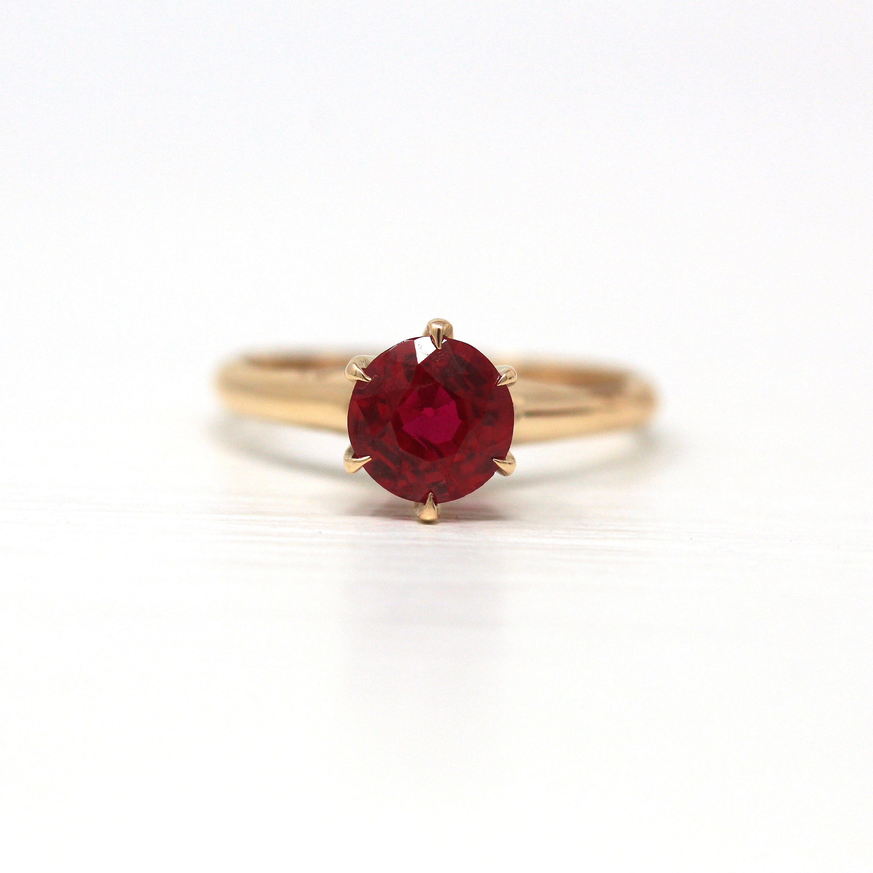 Created Ruby Ring - Retro 10k Yellow Gold Round Faceted .56 CT Red Pink Stone - Vintage Circa 1940s Era Size 5 Fine Solitaire 40s Jewelry