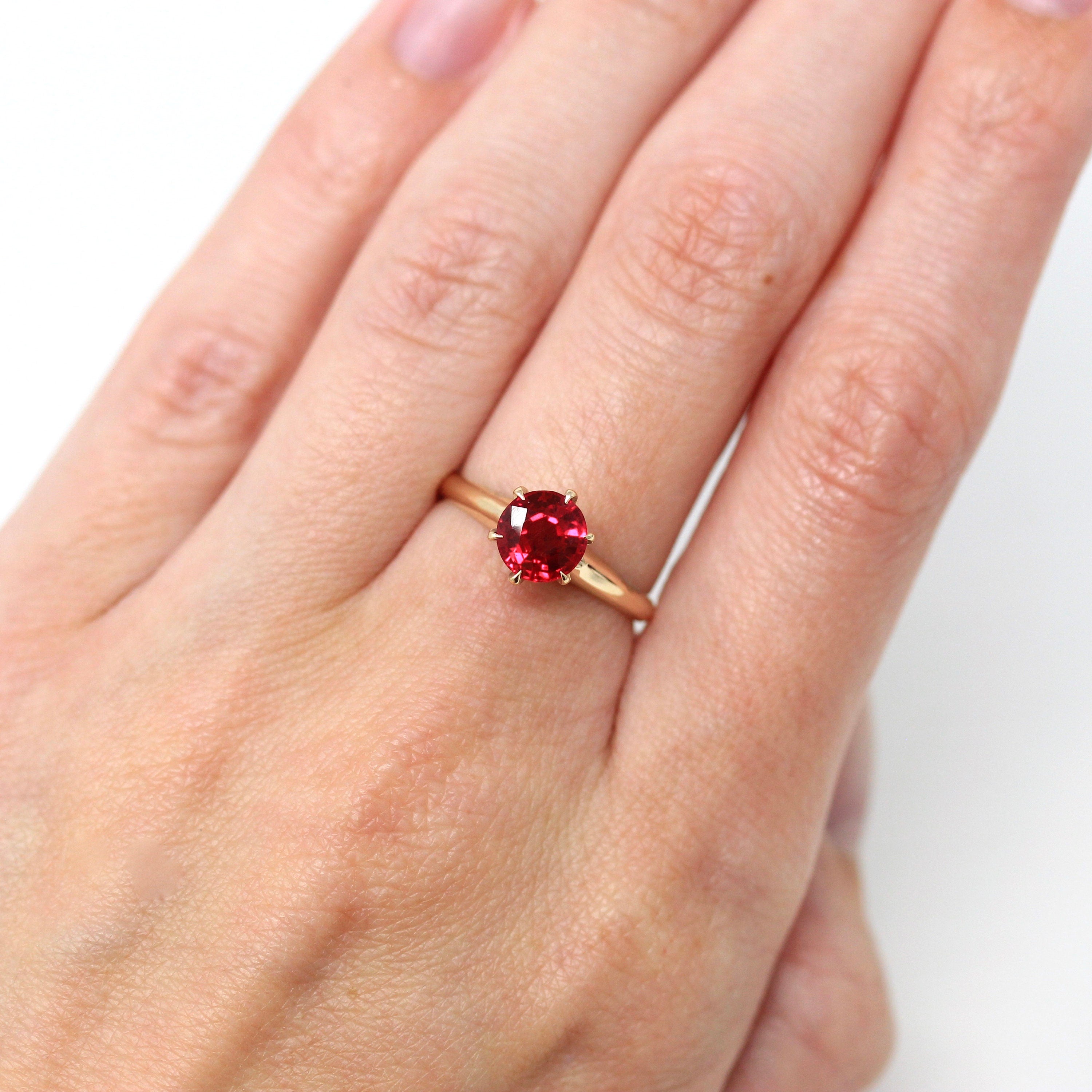 Created Ruby Ring - Retro 10k Yellow Gold Round Faceted .56 CT Red Pink Stone - Vintage Circa 1940s Era Size 5 Fine Solitaire 40s Jewelry