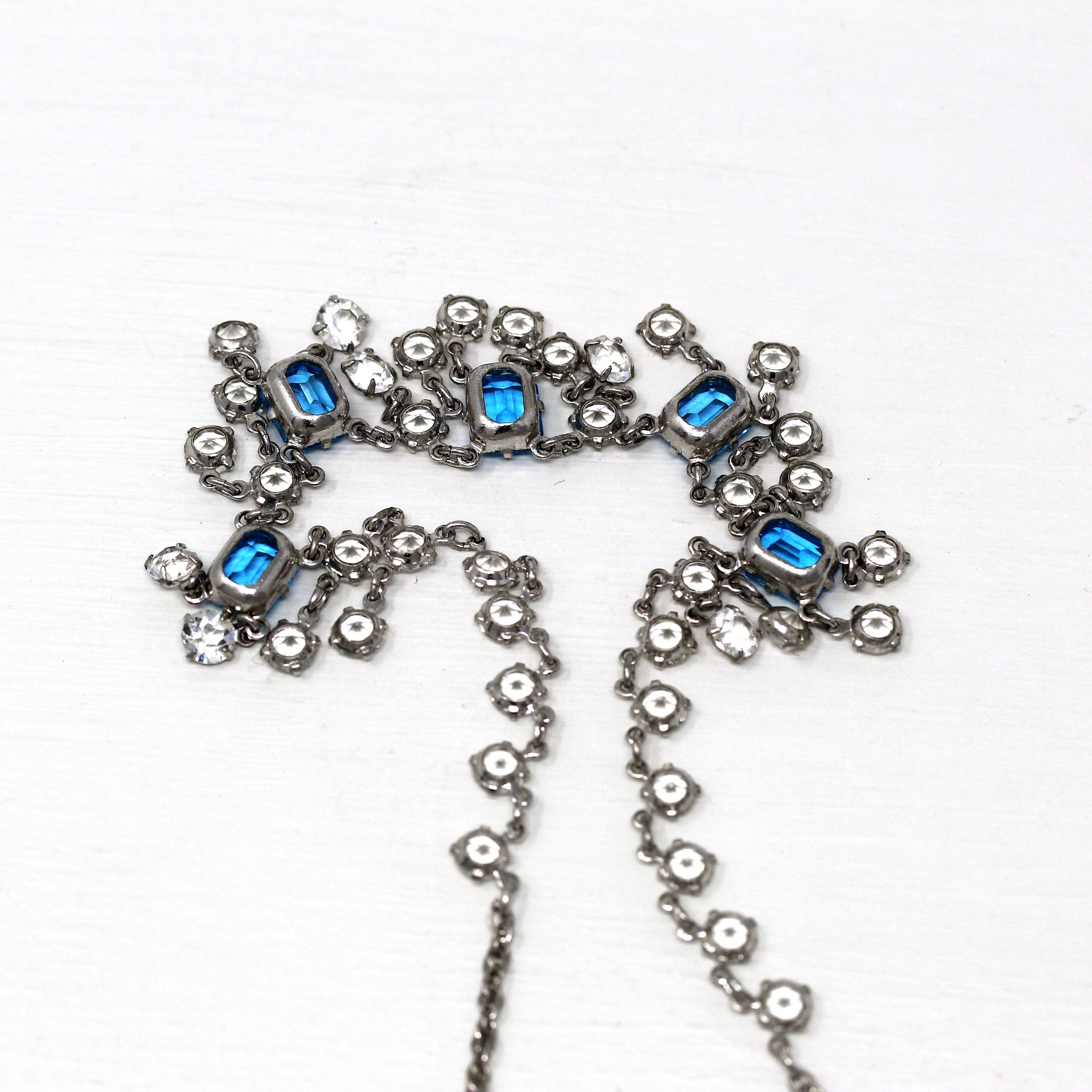 Art Deco Necklace - Vintage Sterling Silver Faceted Glass Crystals - Circa 1930s Era Festoon Collar Flapper Blue Dangling 16" Chain Jewelry