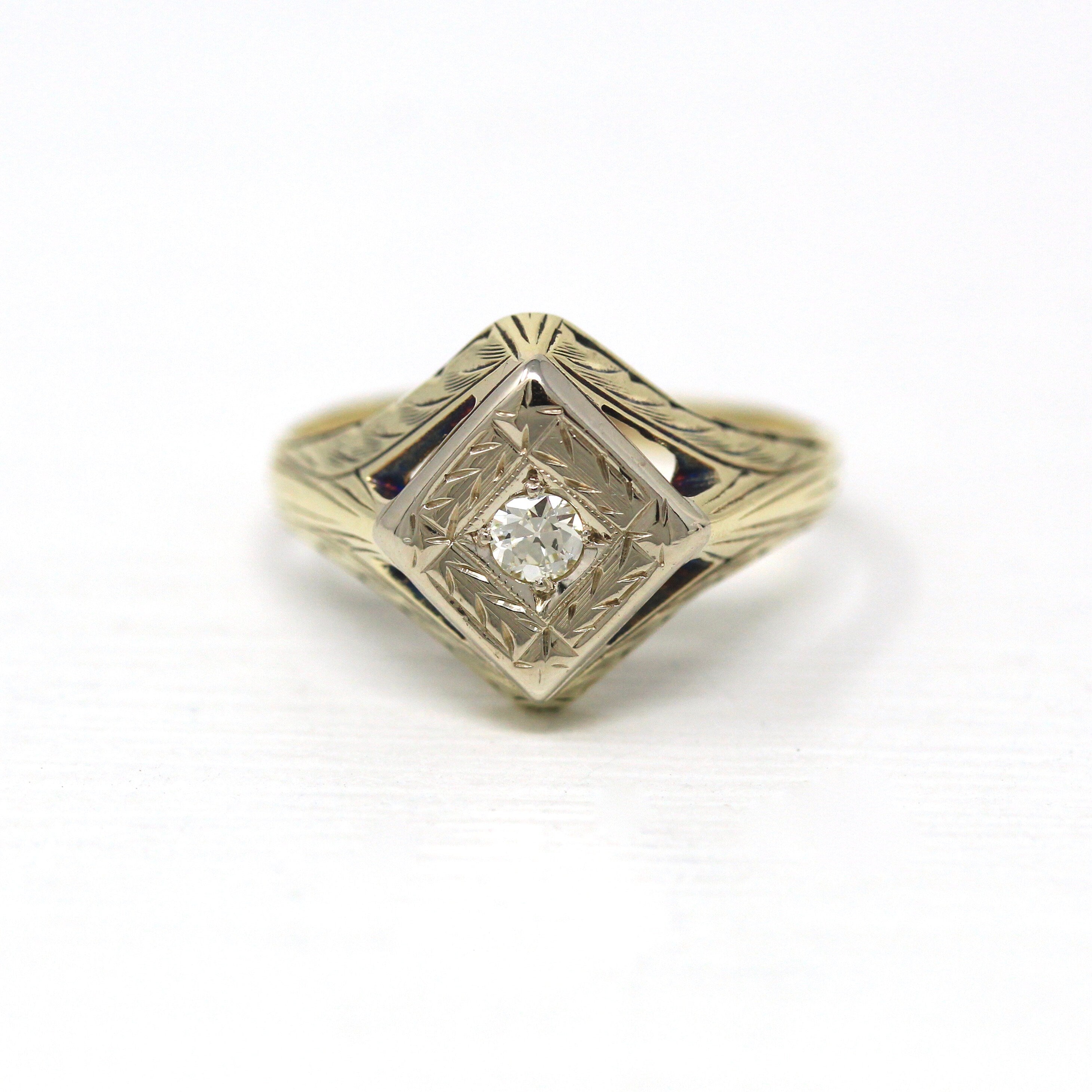 Vintage Diamond Ring - Art Deco Era 14k Yellow & White Gold .13 CT Gemstone - Vintage Circa 1930s Size 7 Fine Engagement Engraved Jewelry