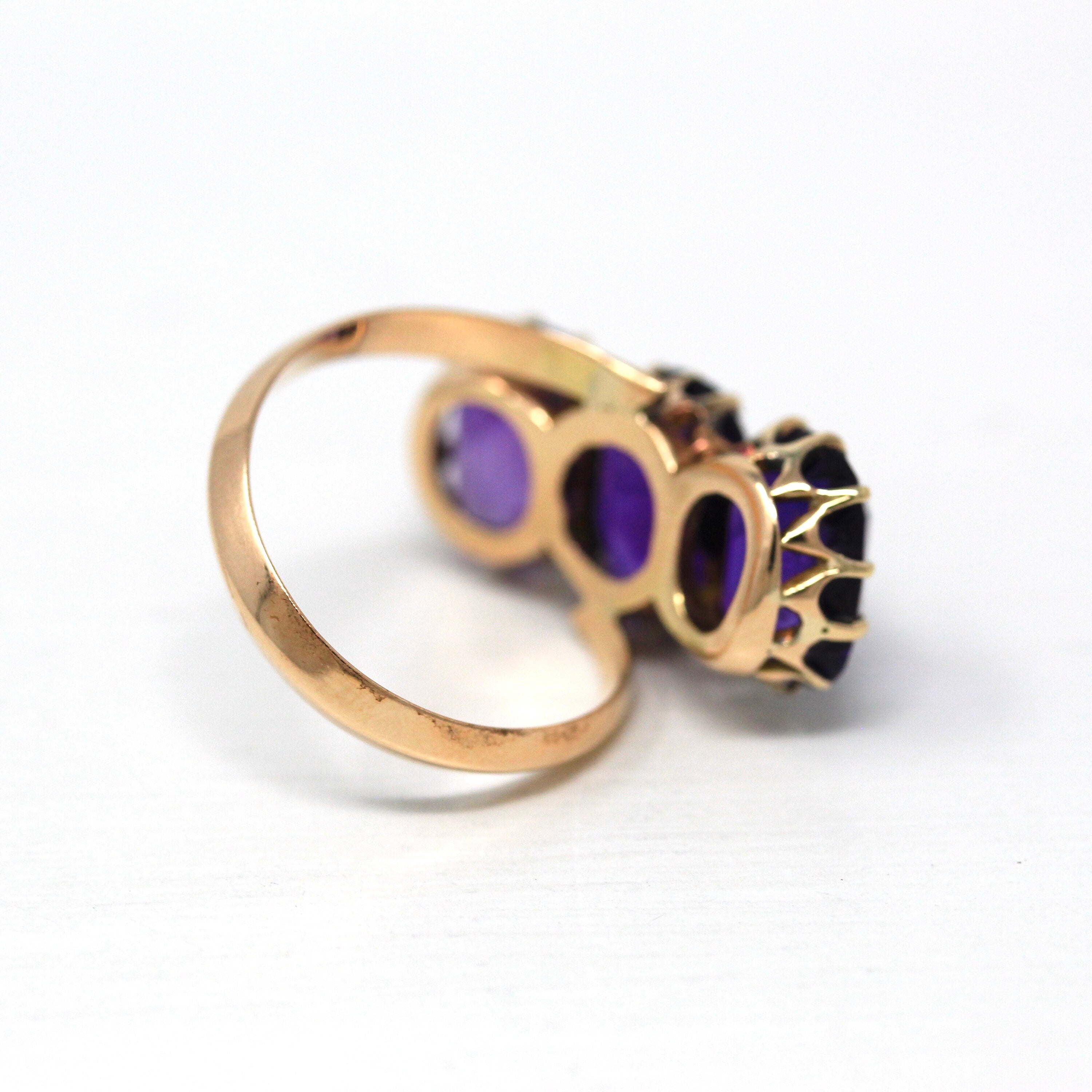 Amethyst Cocktail Ring - Retro Era 14k Yellow Gold Purple 6.75 CTW Gemstones - Vintage Circa 1940s Size 5.75 Bypass Setting Fine 40s Jewelry