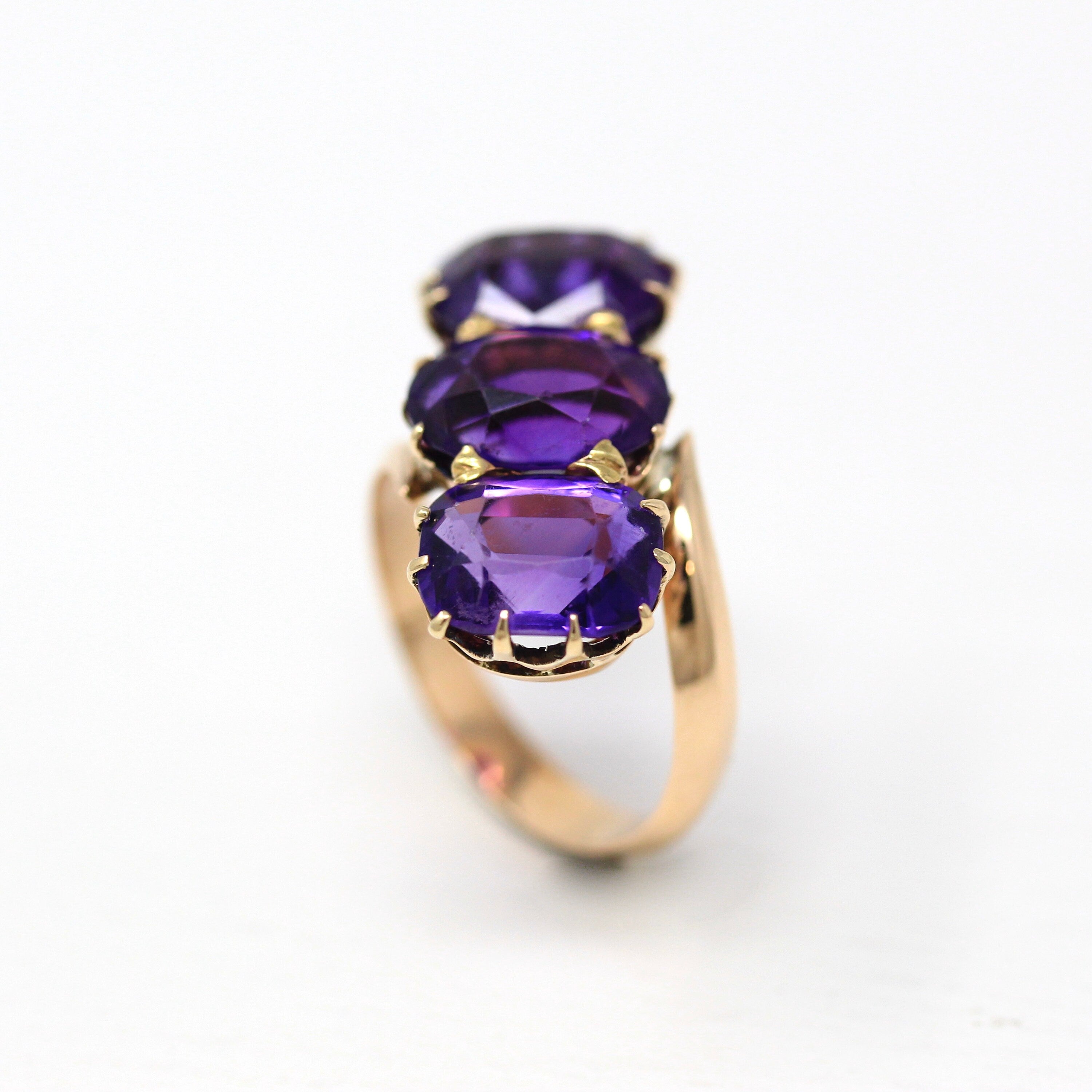 Amethyst Cocktail Ring - Retro Era 14k Yellow Gold Purple 6.75 CTW Gemstones - Vintage Circa 1940s Size 5.75 Bypass Setting Fine 40s Jewelry