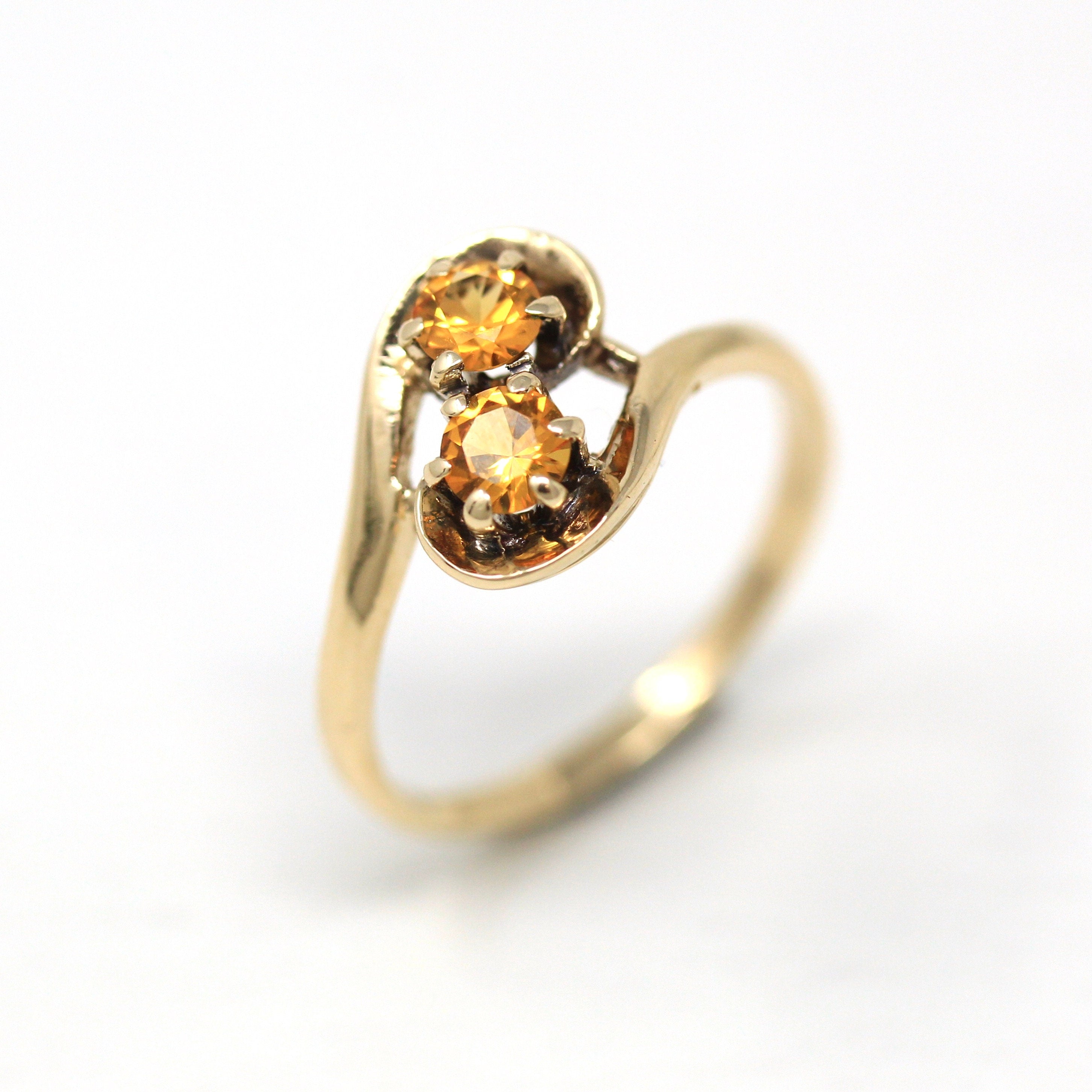 Created Orange Sapphire Ring - Retro 10k Yellow Gold Round Faceted .42 CTW Stones - Vintage 1960s Era Size 5 1/4 Statement Bypass Jewelry