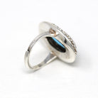 1950s Cocktail Ring - Vintage Sterling Silver Blue Glass Stone Oval Halo - Circa 1950s Era Size 6 Adjustable Statement Jewelry